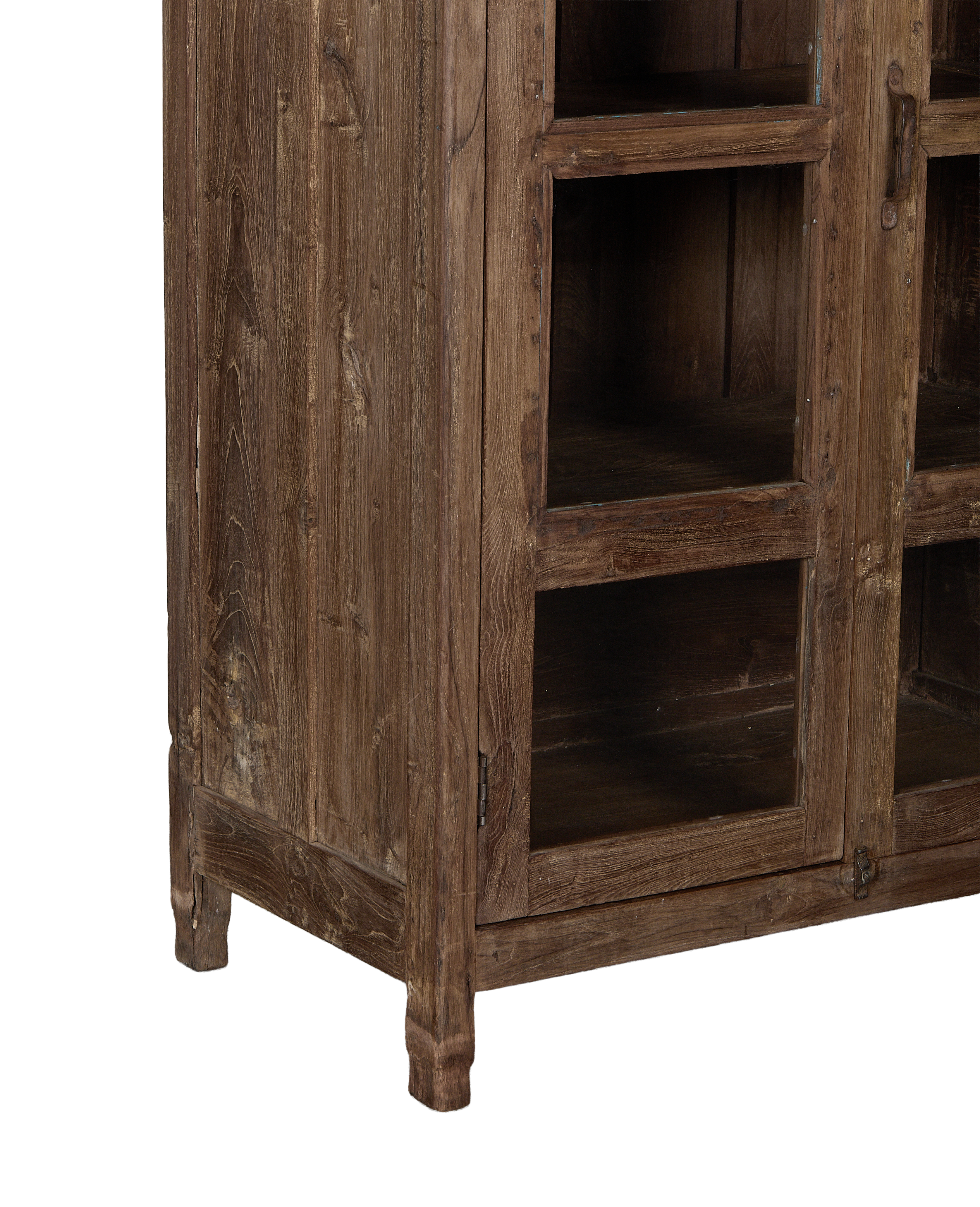 Close-up of vintage Indian oak wood cabinet's natural grain and distressed finish.