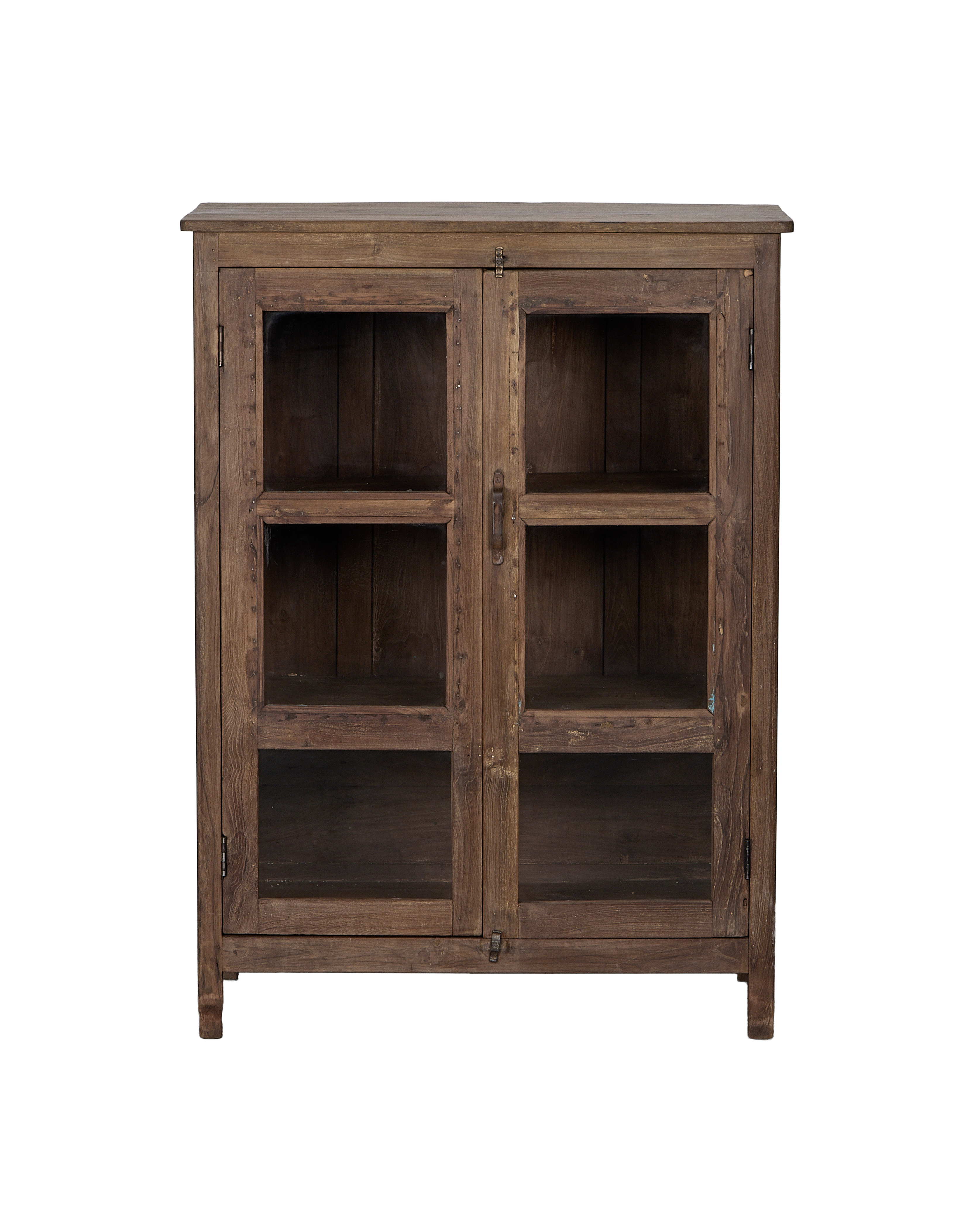 Vintage Indian oak wood display cabinet, natural finish, featuring glass panel doors and internal shelves.