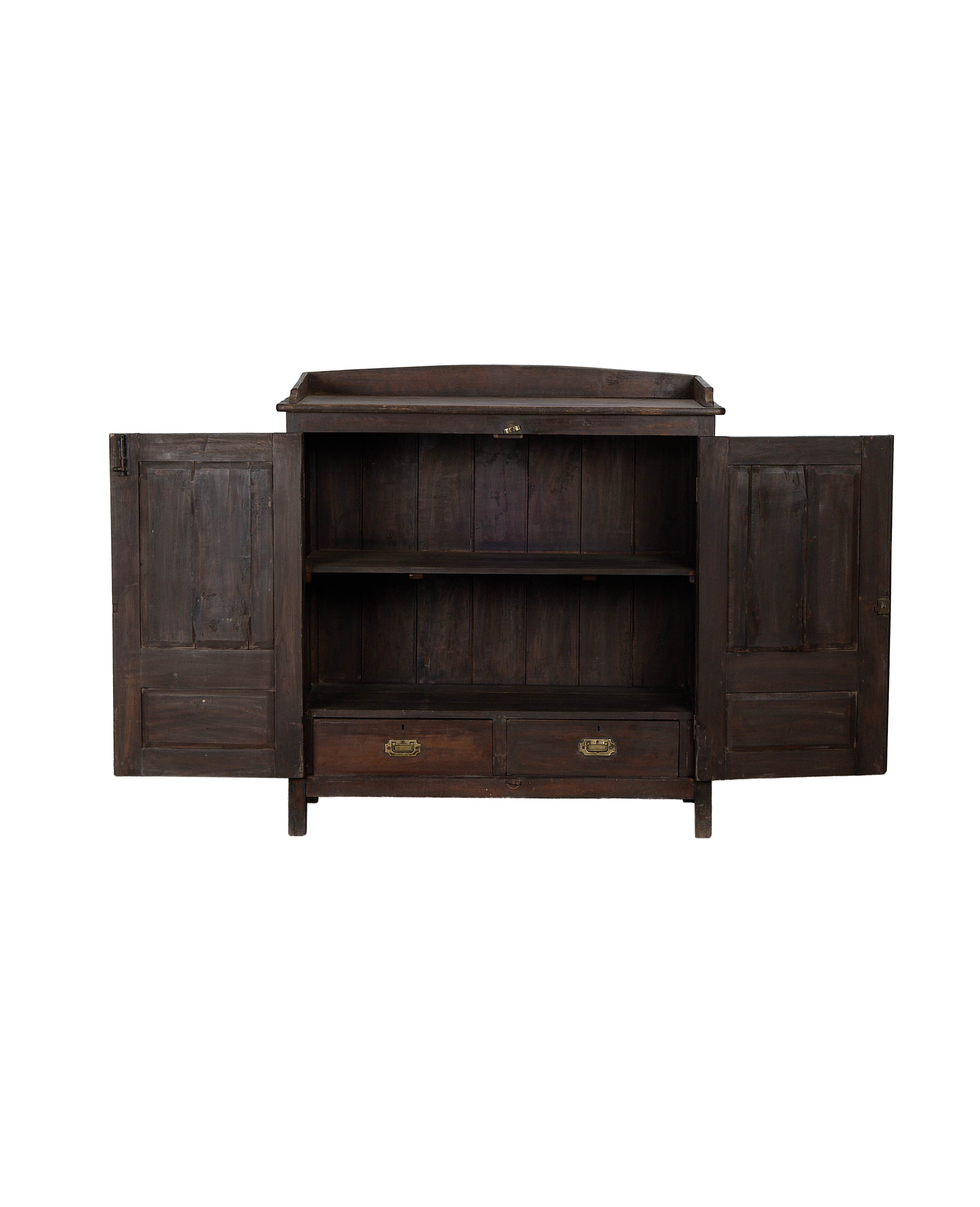 Vintage Indian oak cabinet, doors open, revealing two shelves and lower drawers.