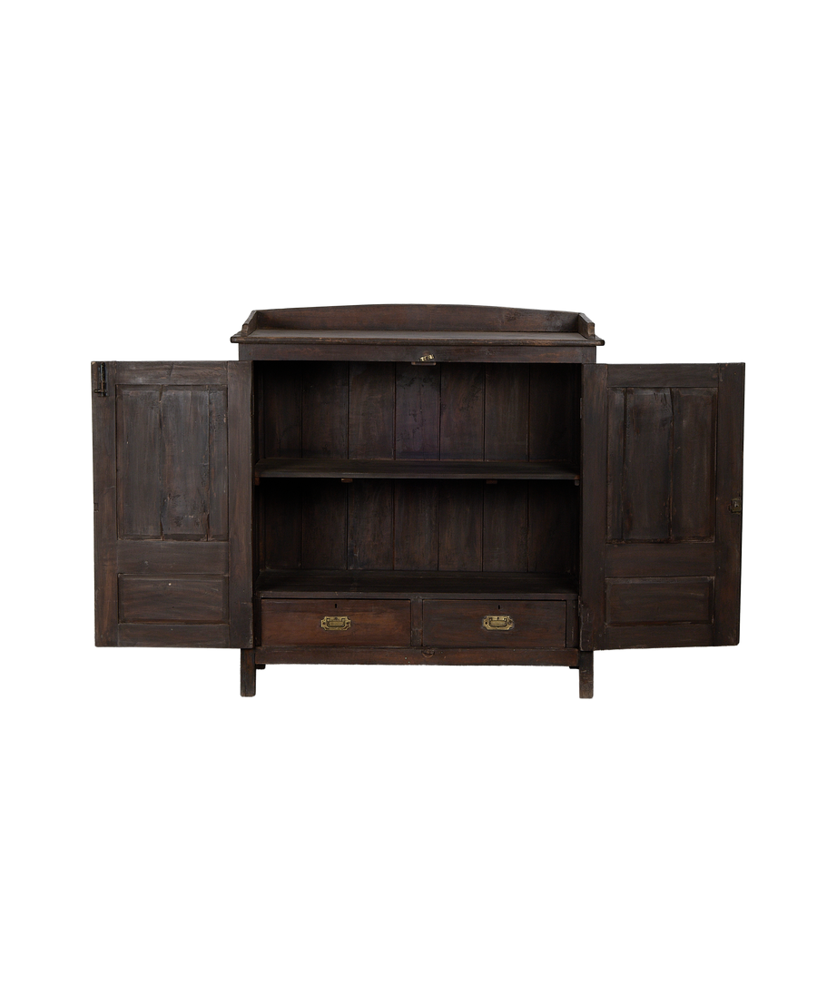 Vintage Indian oak cabinet, doors open, revealing two shelves and lower drawers.