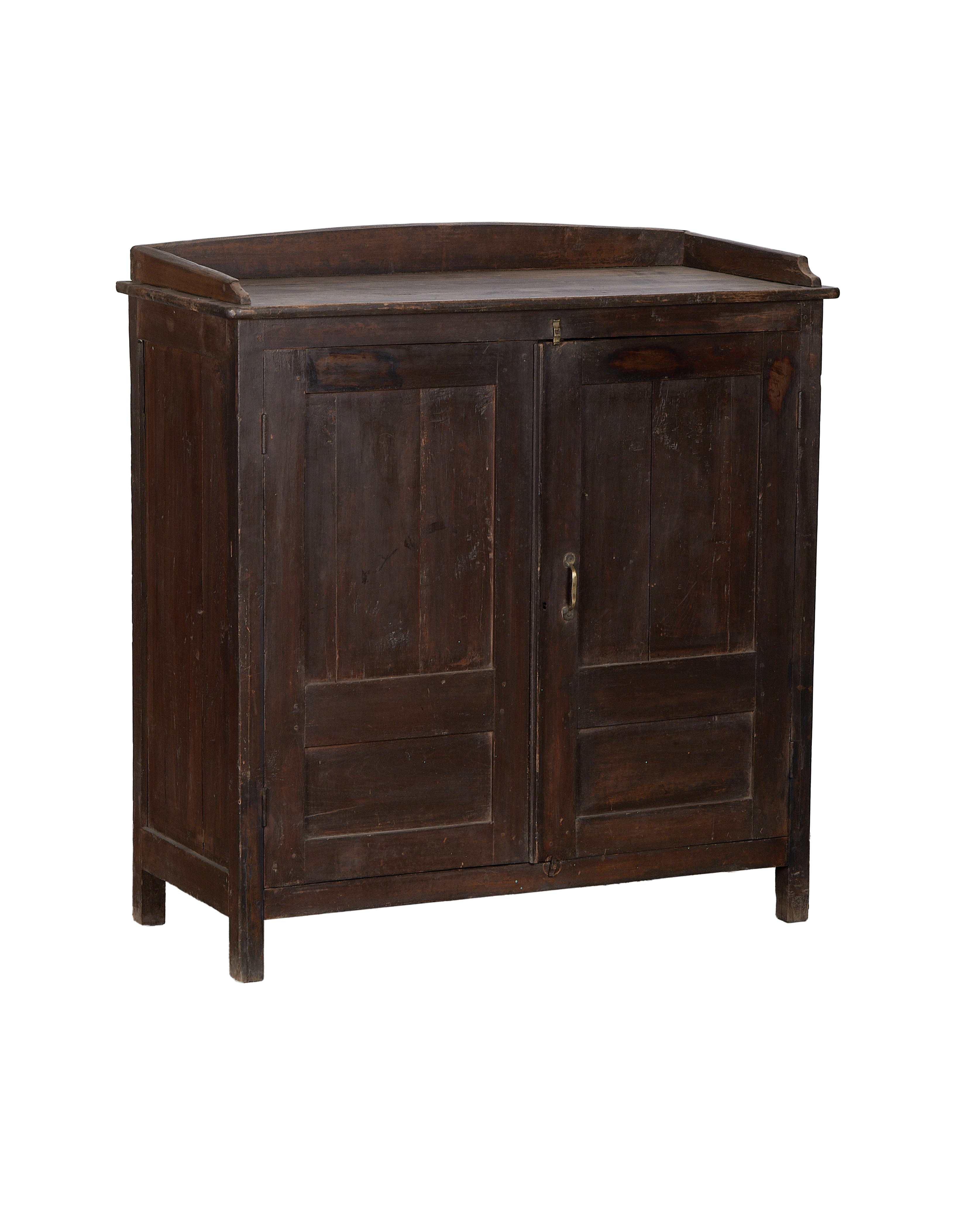Vintage Oak Cabinet from India, closed doors, showing the natural distressed woodwork and condition.