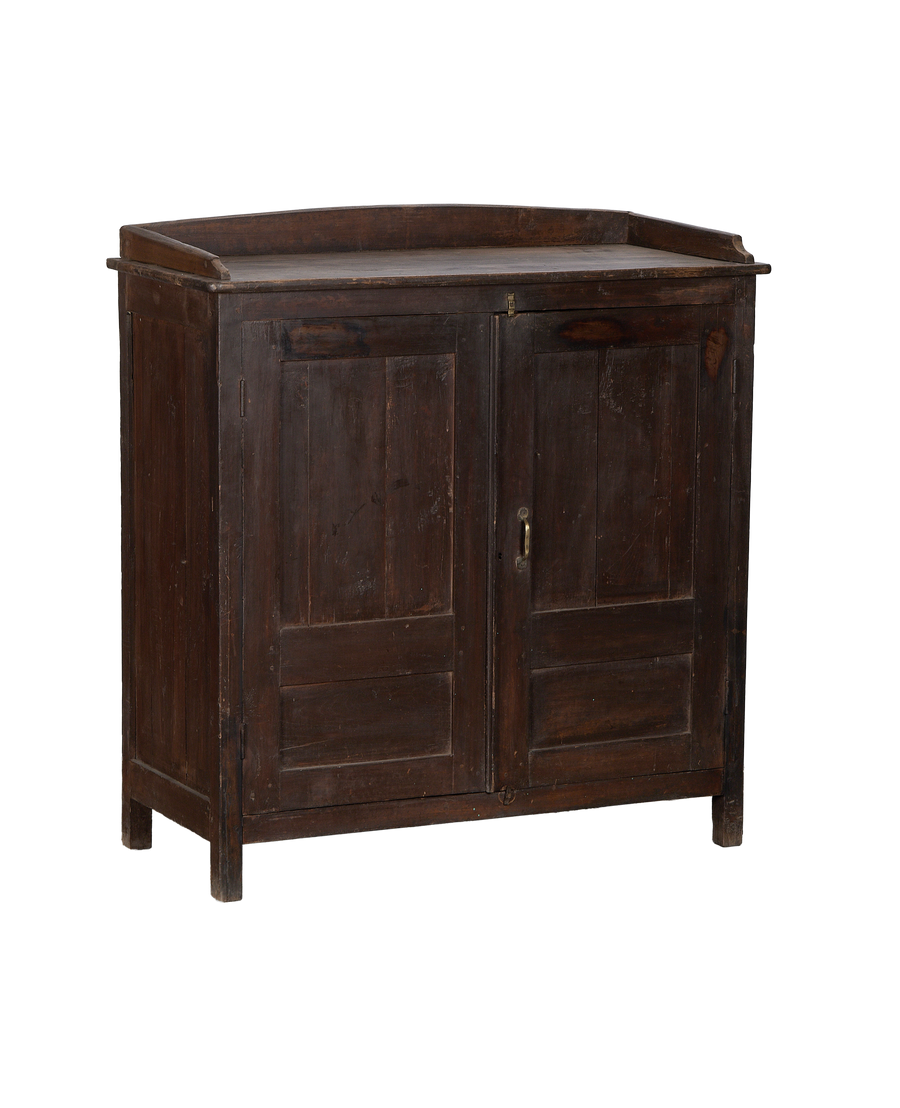 Vintage Oak Cabinet from India, closed doors, showing the natural distressed woodwork and condition.