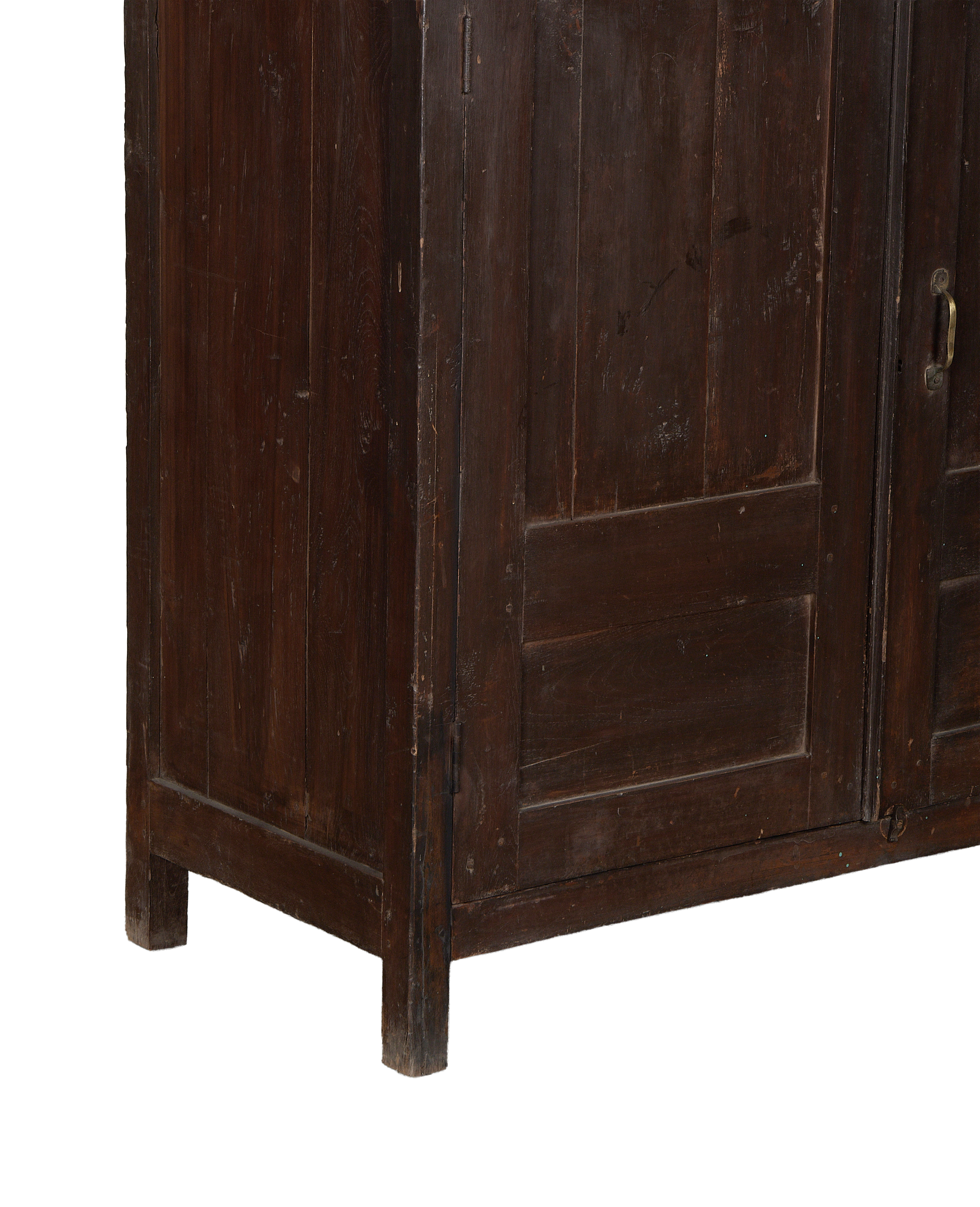 Vintage Indian oak cabinet: side view showing distressed natural wood and legs.