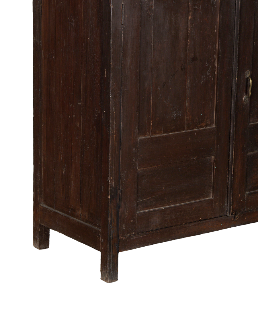 Vintage Indian oak cabinet: side view showing distressed natural wood and legs.