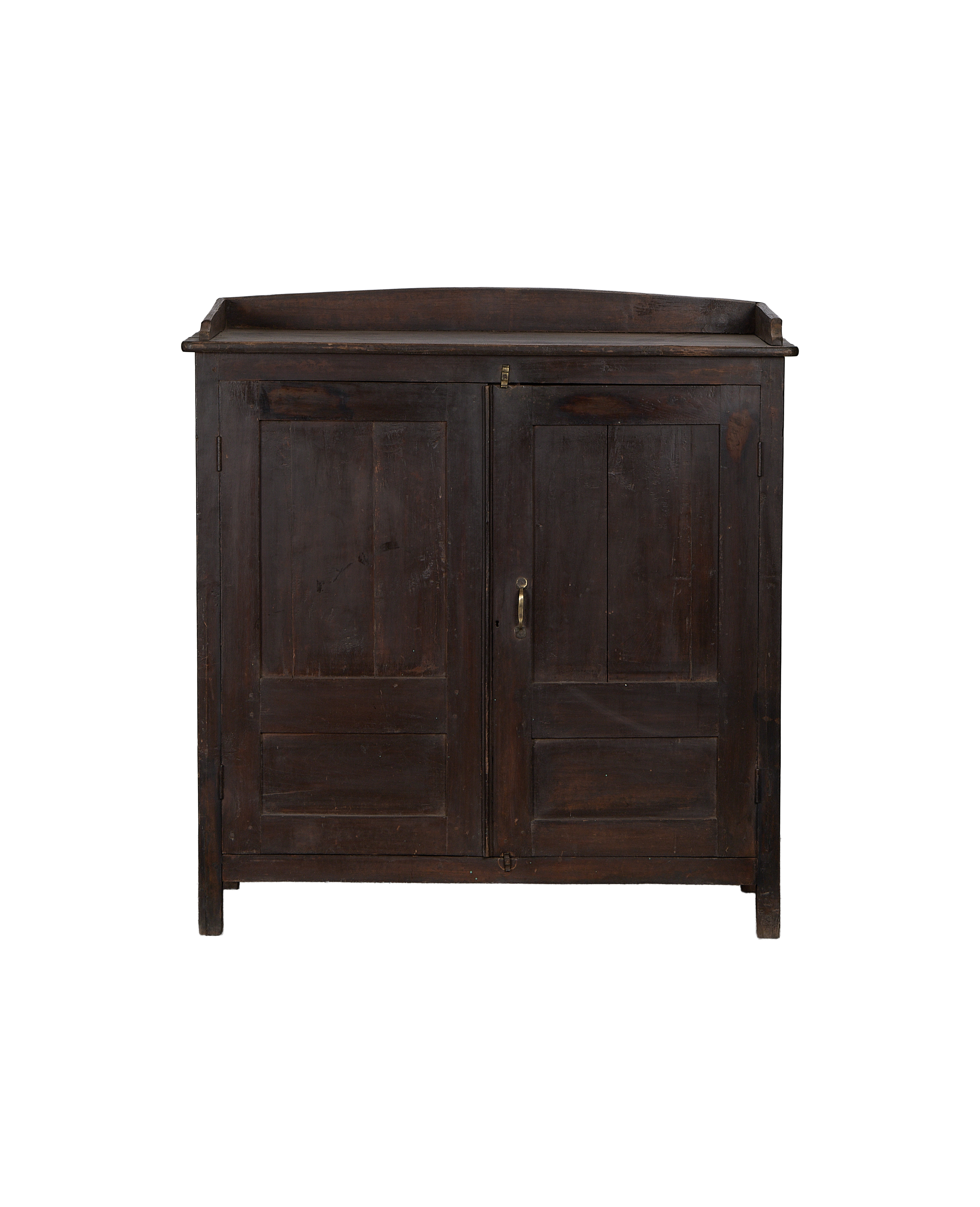 Vintage Indian oak wood cabinet, natural dark finish, two hinged doors, top rail.