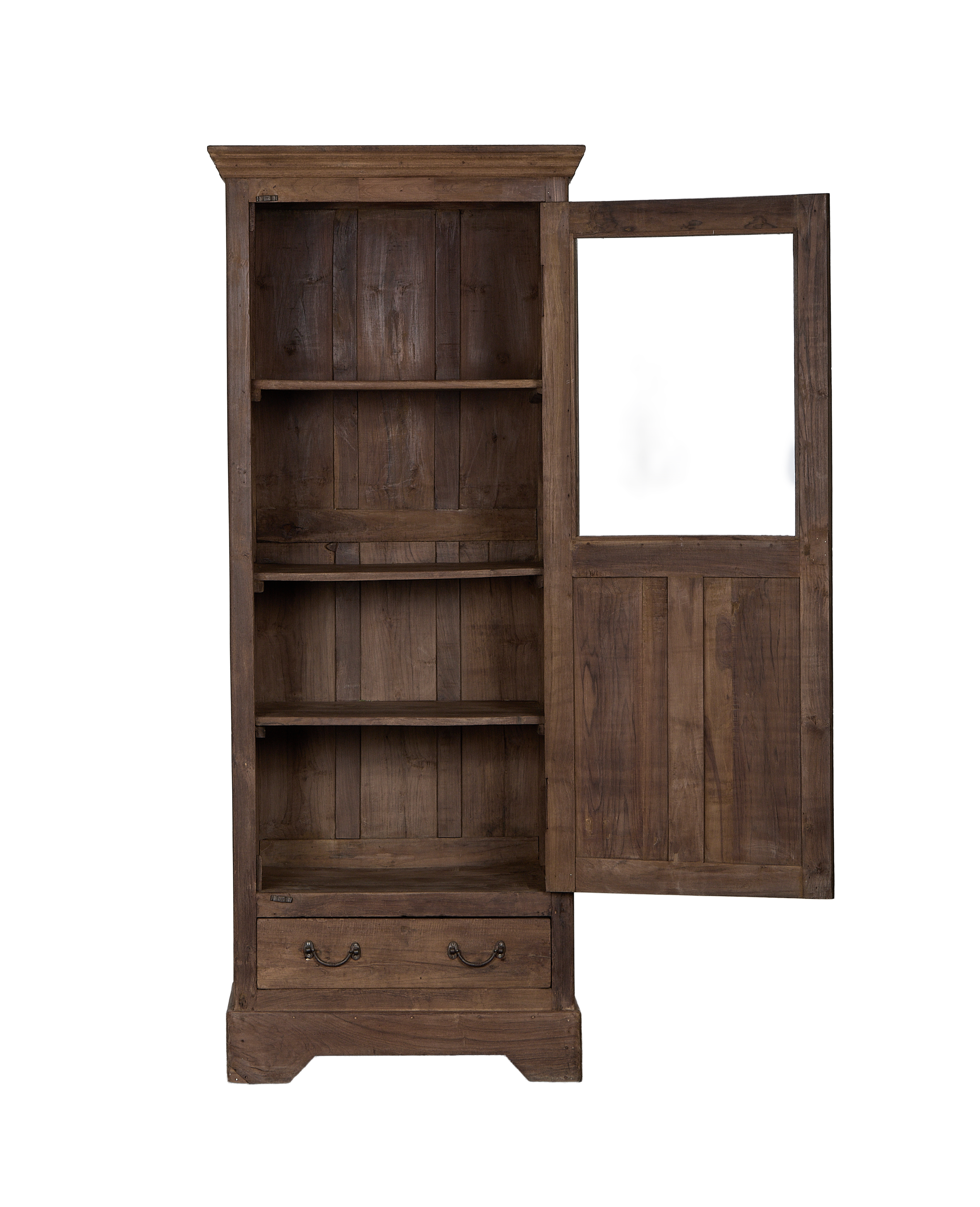 Vintage Indian oak cabinet, open glass panel door revealing shelves and drawers.