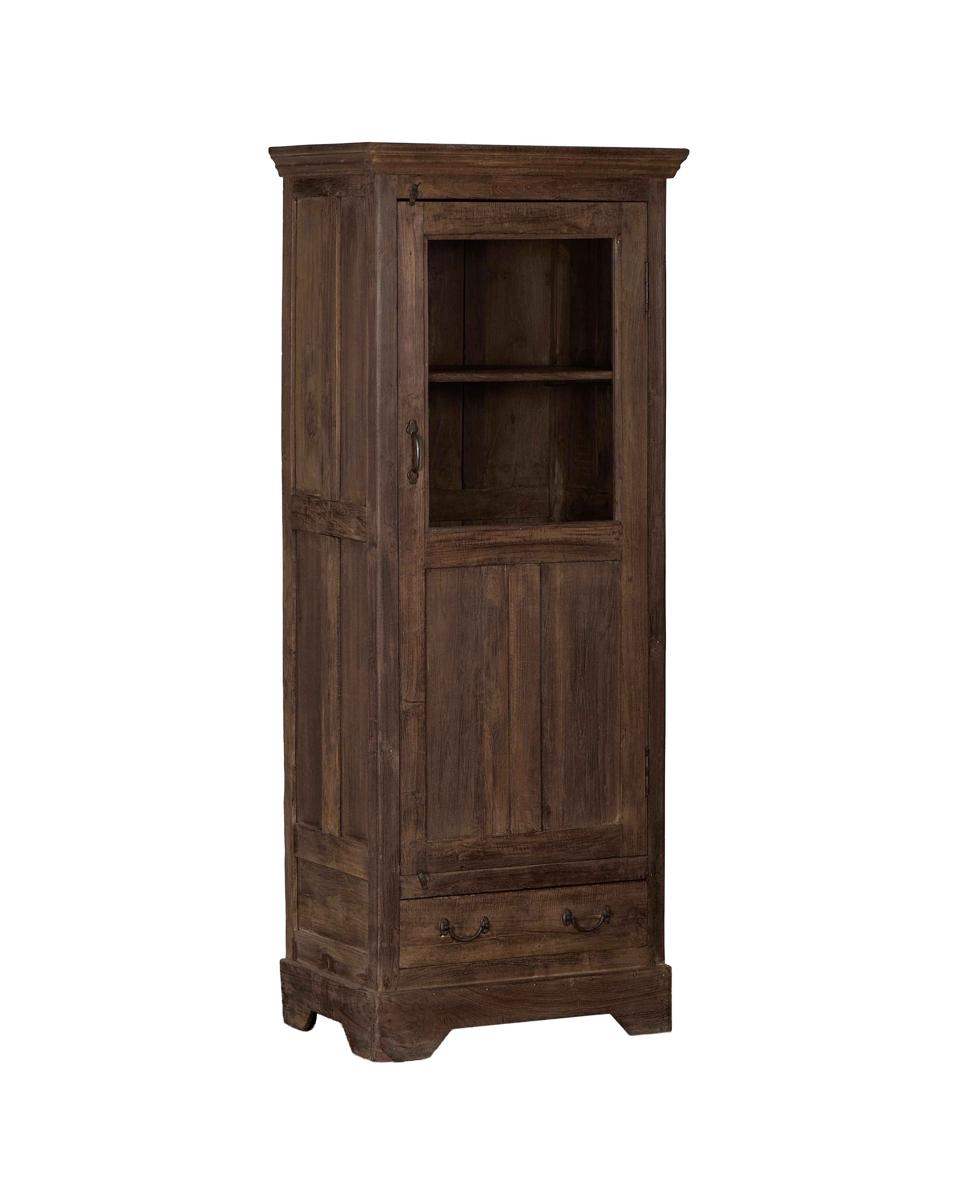 Vintage Indian oak wood cabinet, natural finish, featuring upper glass door and lower drawers.