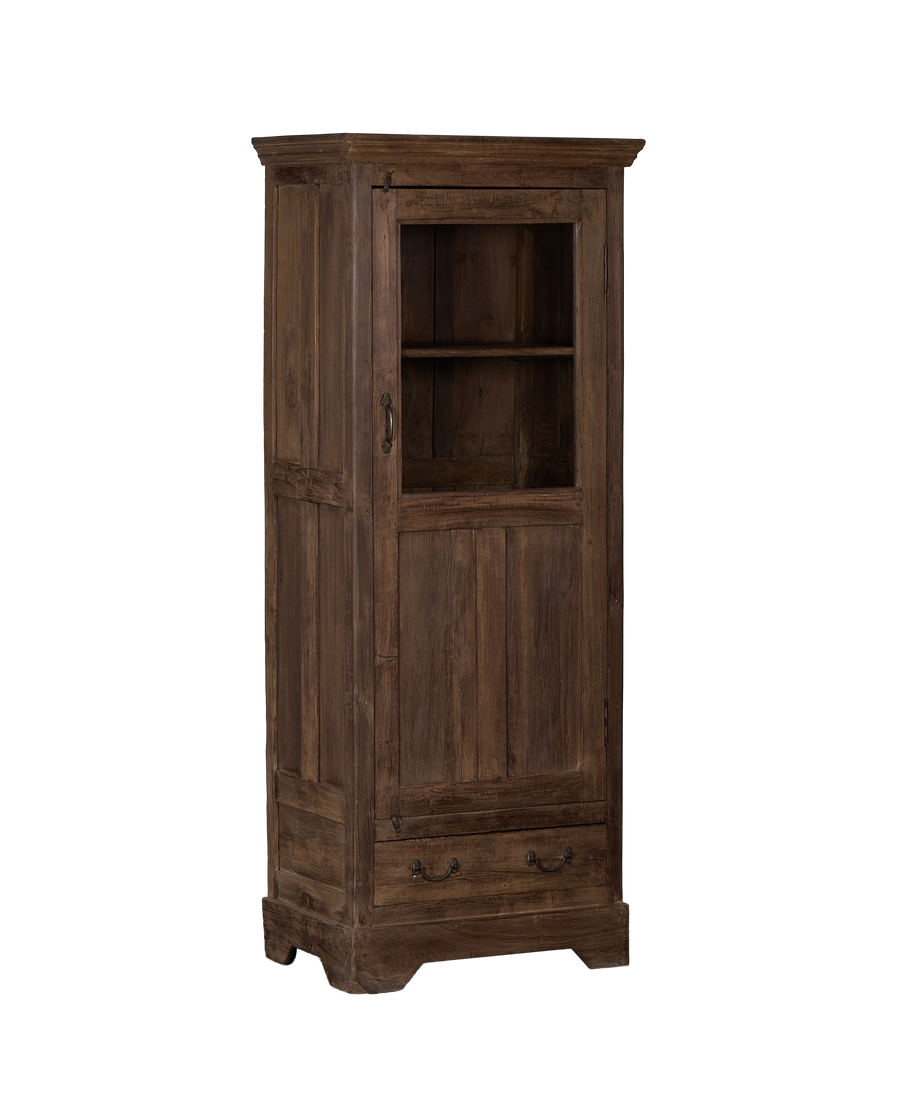 Vintage Indian oak wood cabinet, natural finish, featuring upper glass door and lower drawers.