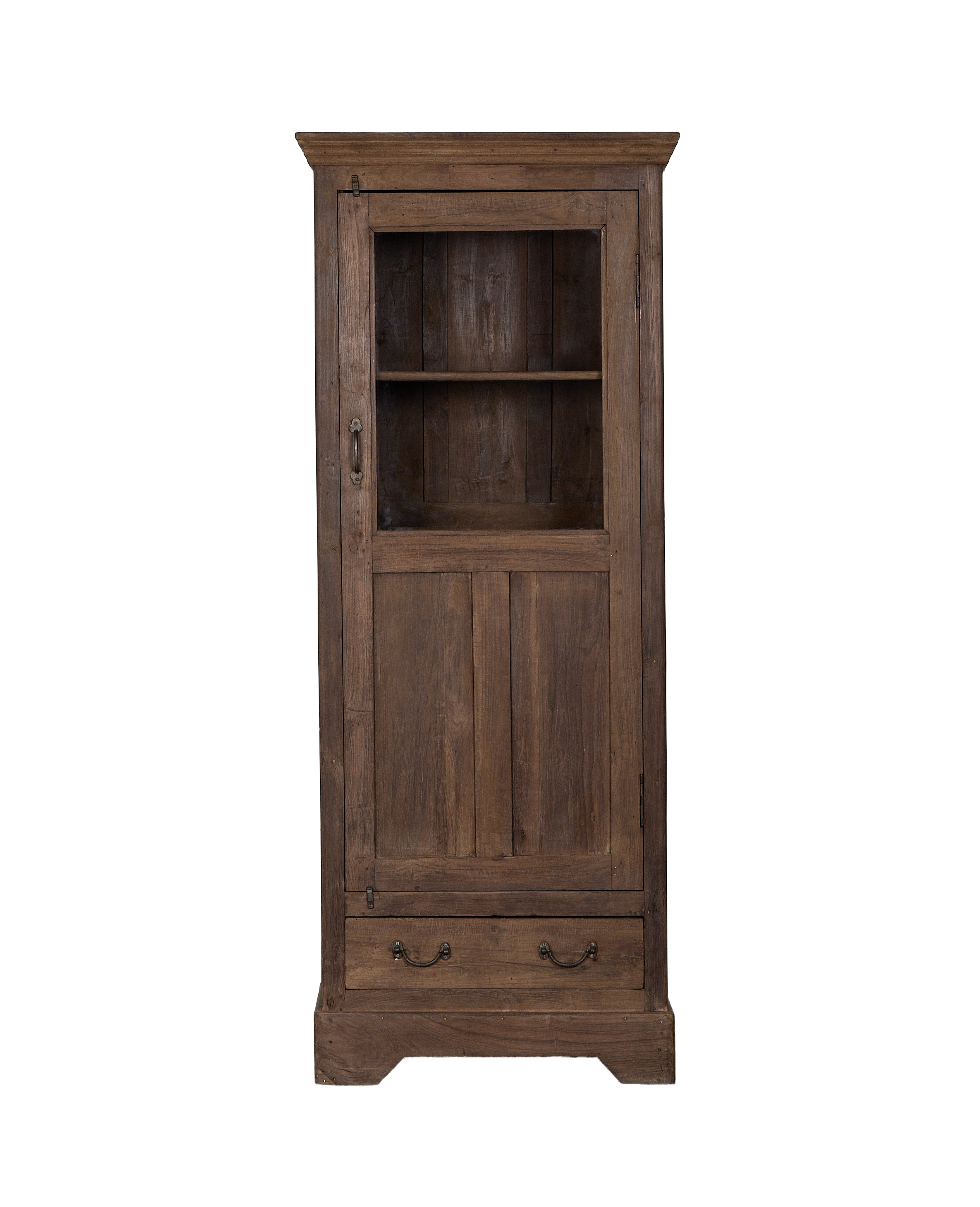 Vintage Indian oak cabinet, natural wood finish, glass-front door, two lower drawers.