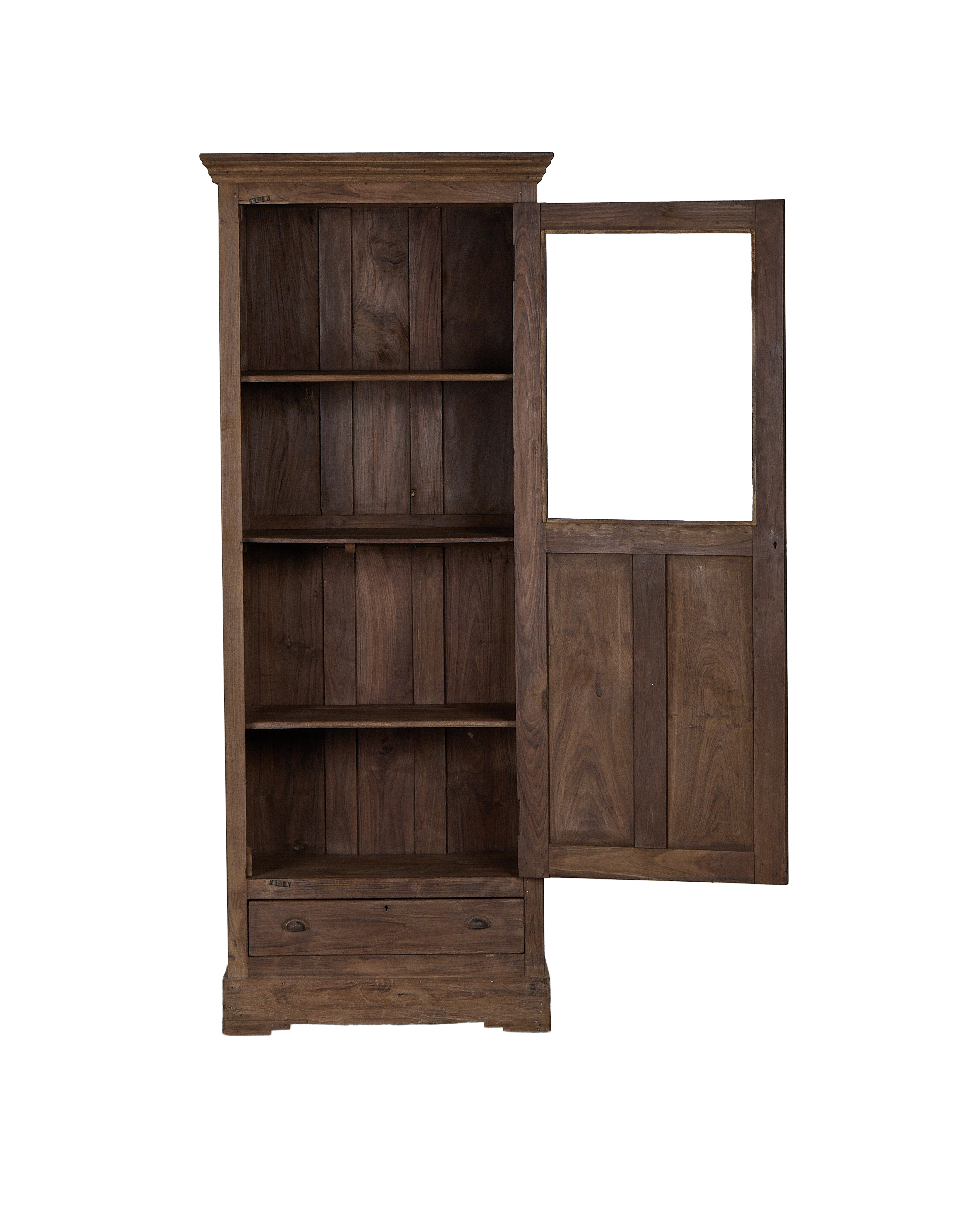 Vintage Indian oak cabinet, natural wood finish, open door revealing interior shelves and drawer.