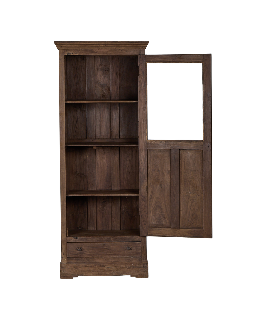 Vintage Indian oak cabinet, natural wood finish, open door revealing interior shelves and drawer.