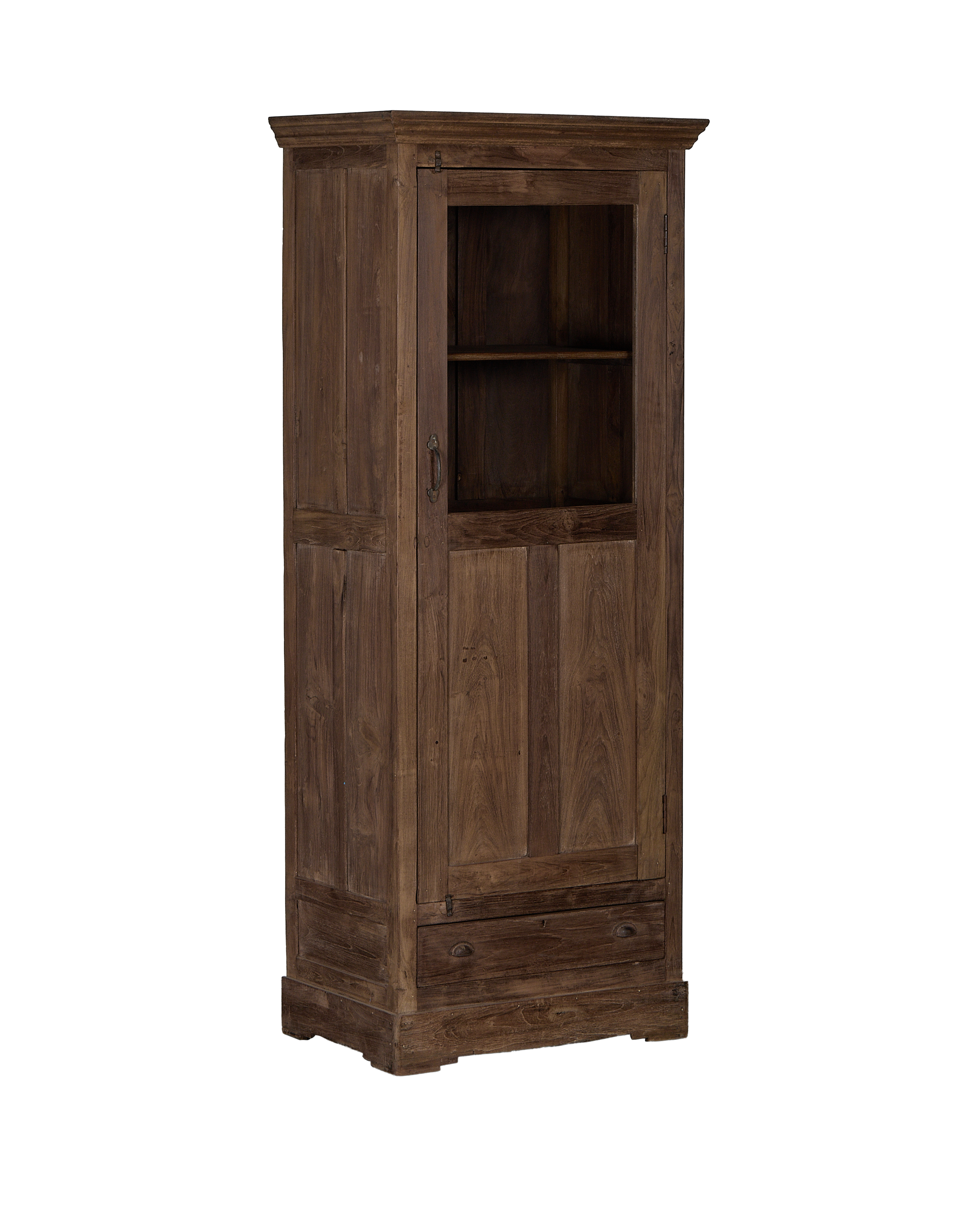 Vintage Indian oak wood display cabinet, single glazed door, bottom drawer visible.