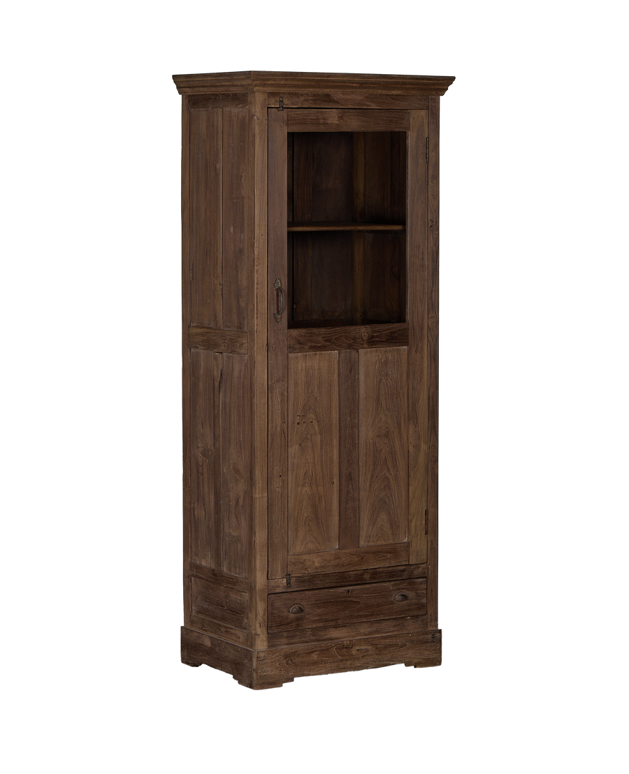 Vintage Indian oak wood display cabinet, single glazed door, bottom drawer visible.