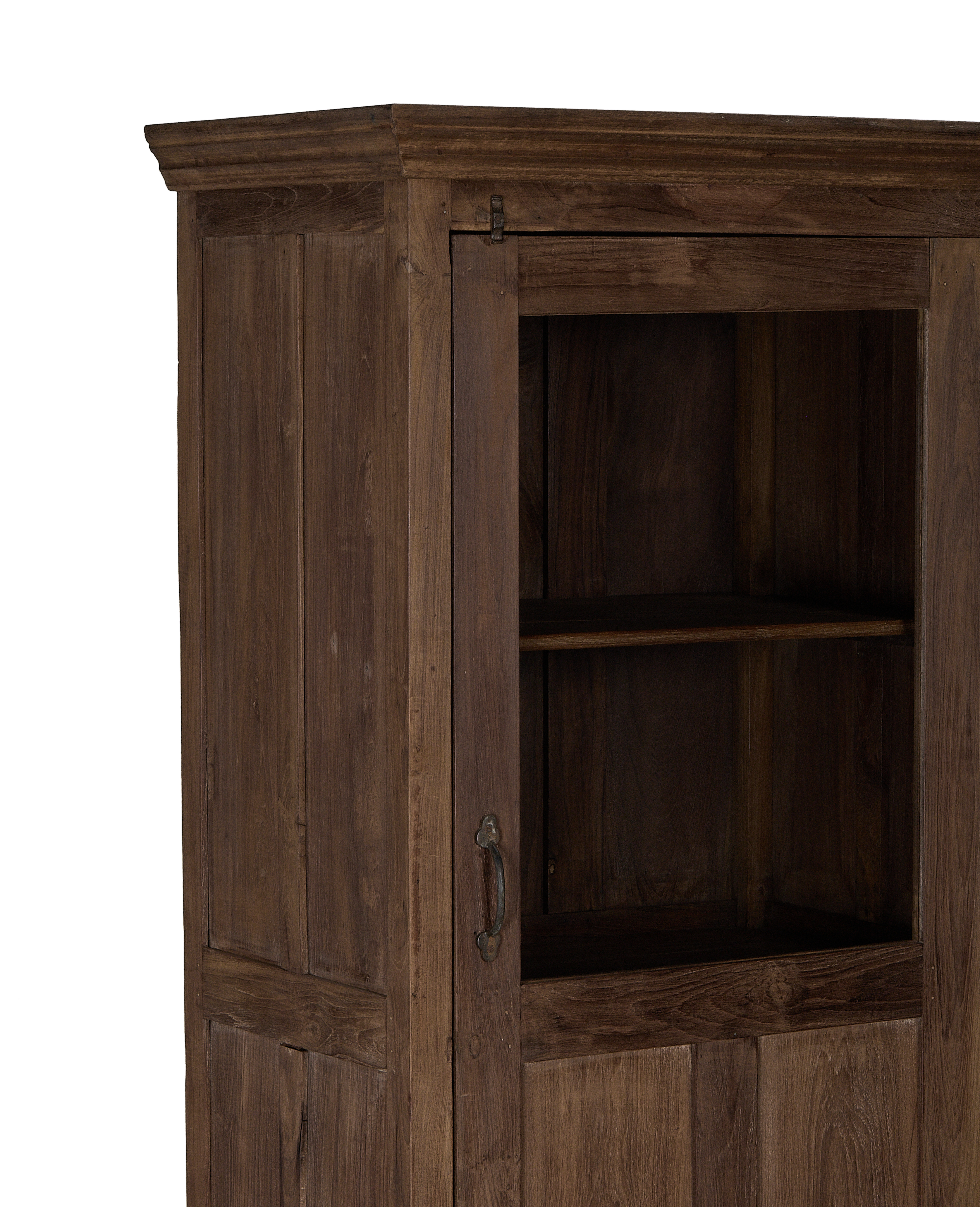 Vintage Indian oak cabinet: detailed view of rustic bronze hardware and open shelf interior.