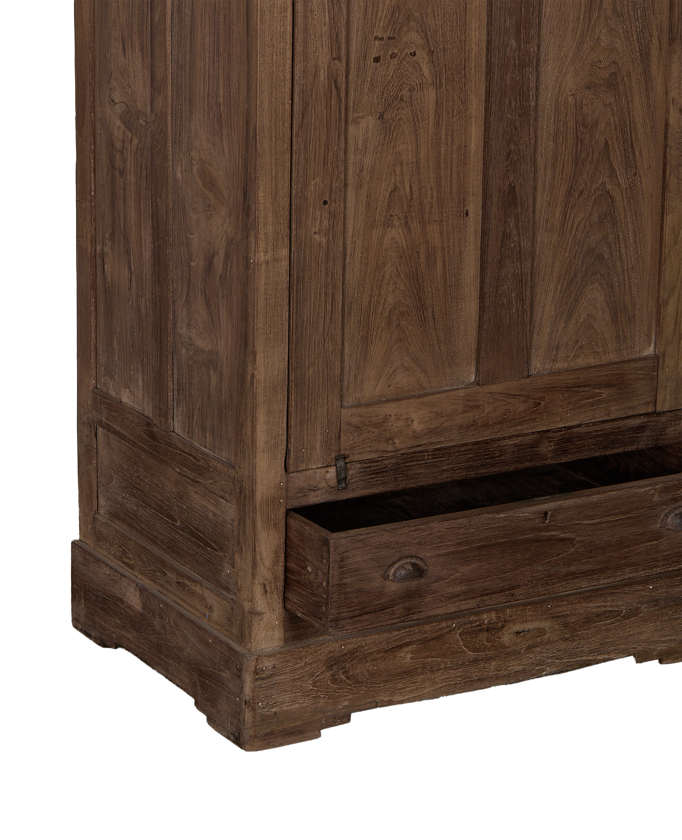 Vintage Indian oak cabinet, showing open storage drawer with aged metal pull detail.