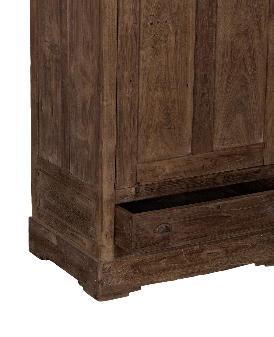 Vintage Indian oak cabinet, showing open storage drawer with aged metal pull detail.