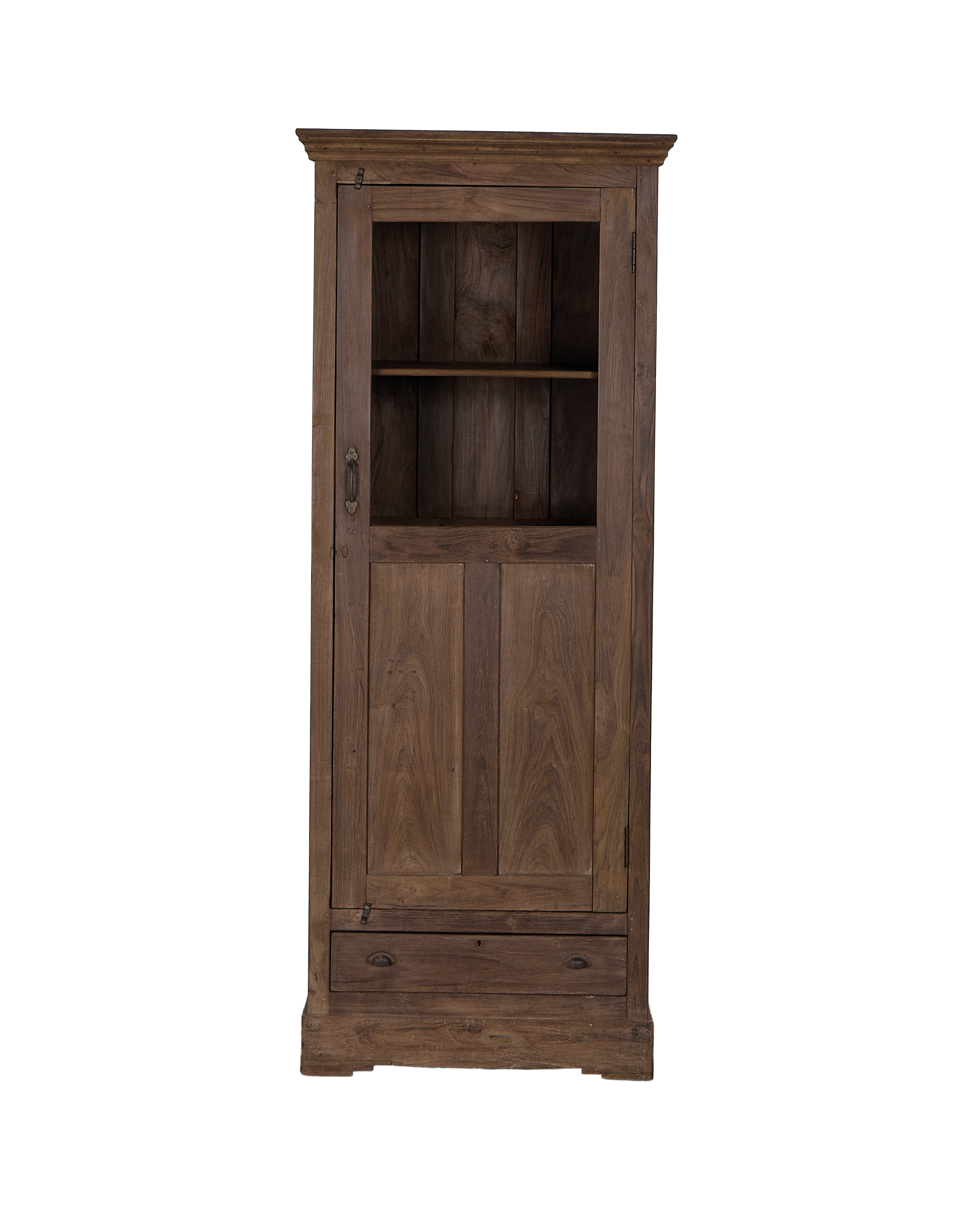 Vintage Indian oak cabinet, natural finish, single glass door, open shelving, and base drawer.