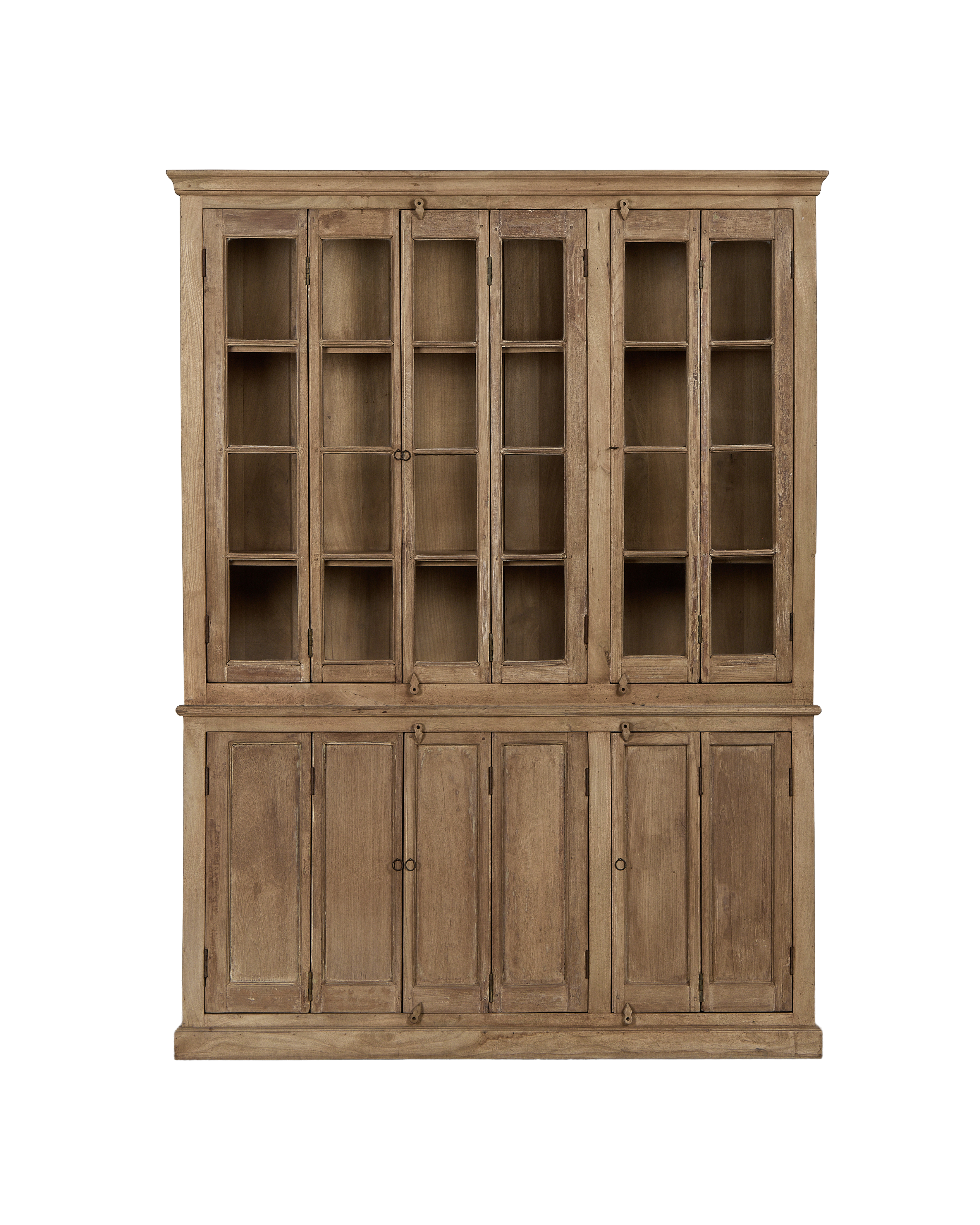 Vintage Indian bleached oak cabinet with glass display doors and lower storage.