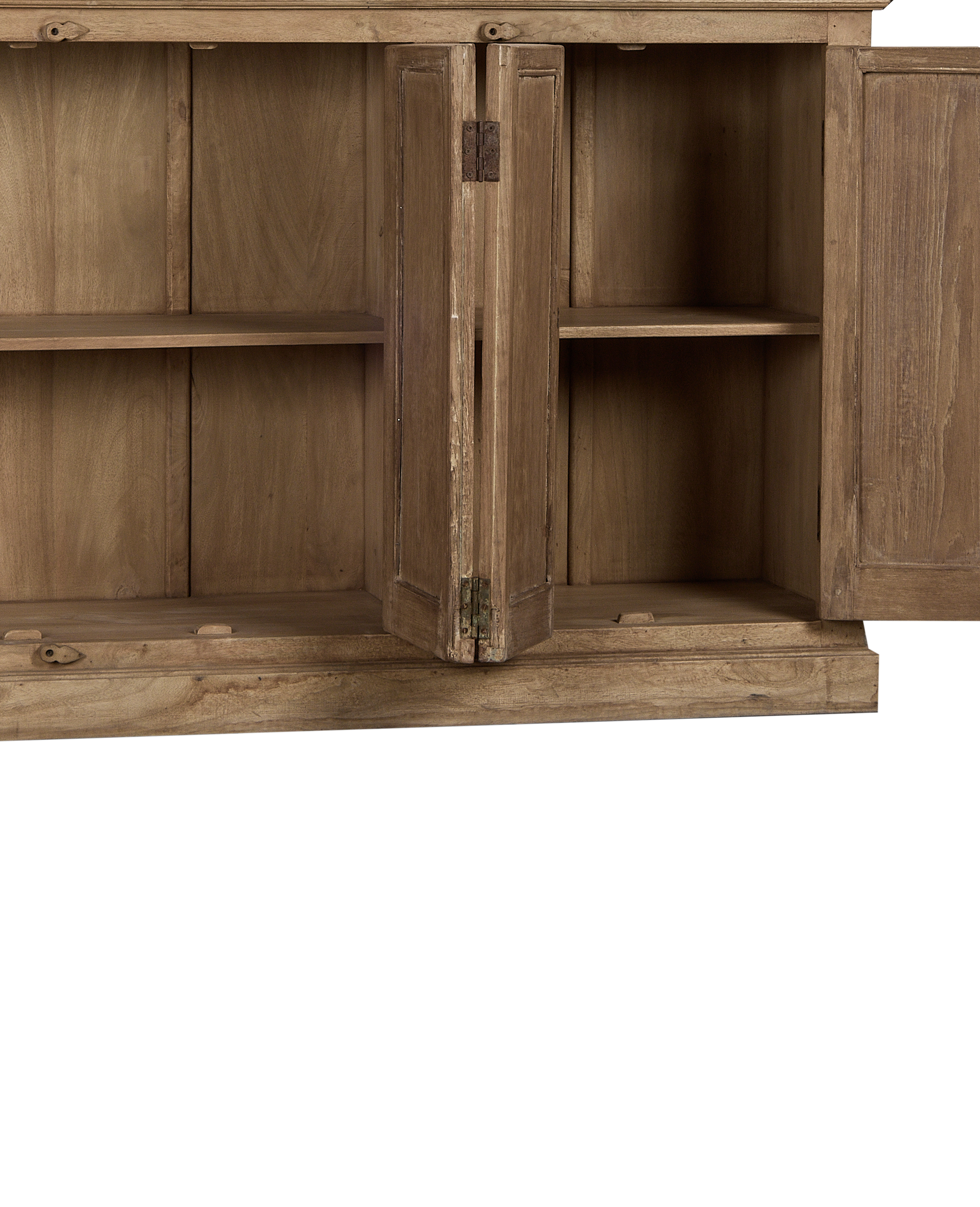 Open vintage bleached oak cabinet from India, showing sturdy internal shelves and aged brass hinges.