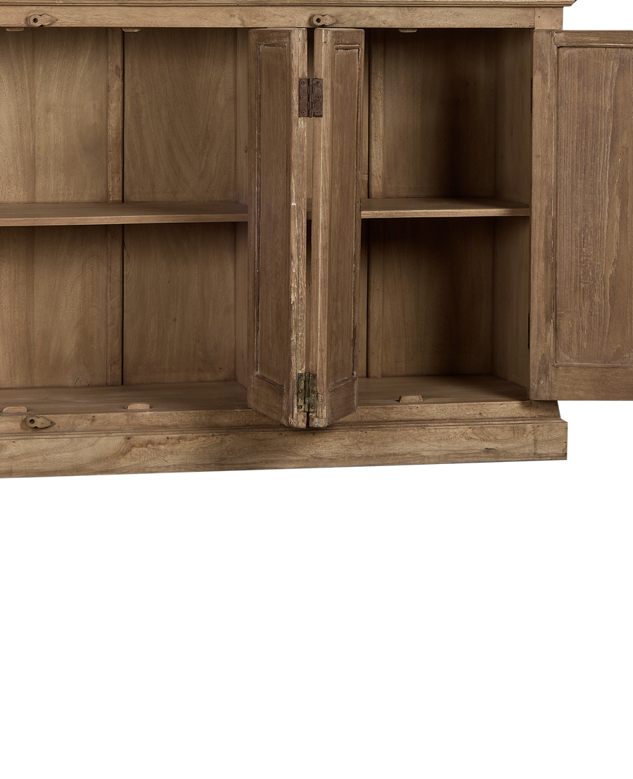 Open vintage bleached oak cabinet from India, showing sturdy internal shelves and aged brass hinges.