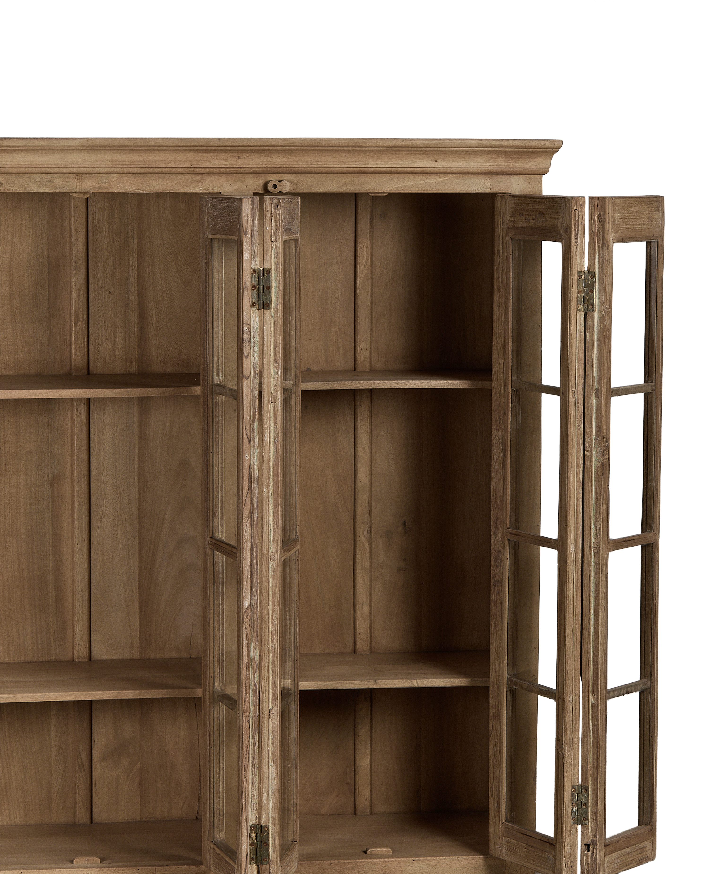Vintage bleached oak cabinet from India, showcasing open glass doors with internal shelving.