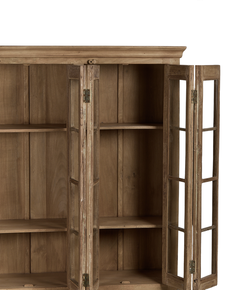 Vintage bleached oak cabinet from India, showcasing open glass doors with internal shelving.