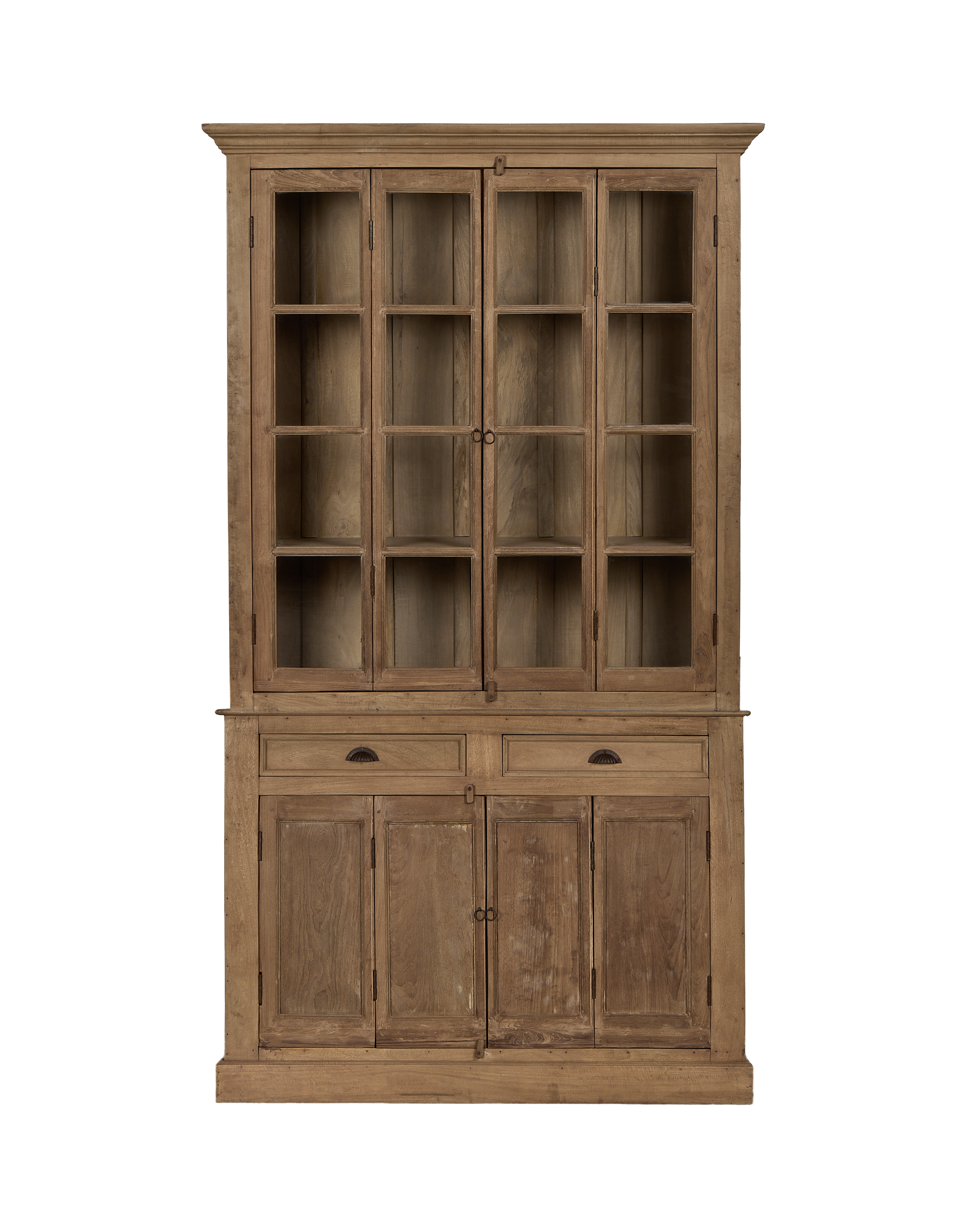 Vintage bleached oak cabinet from India, visible glass doors, drawers, and lower storage.