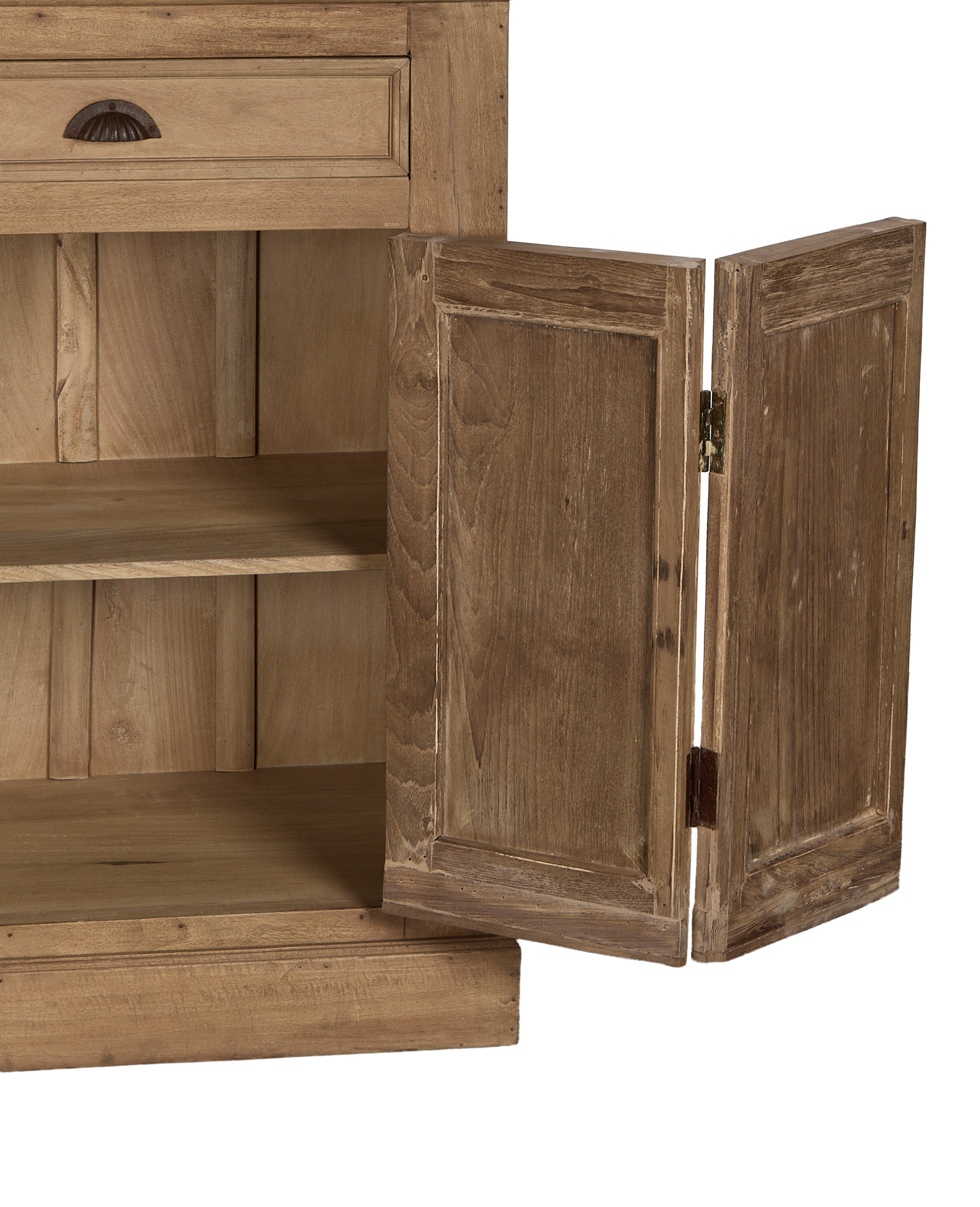 Opened vintage bleached oak cabinet showing inner shelves, ornate drawer pull, and door hinges.
