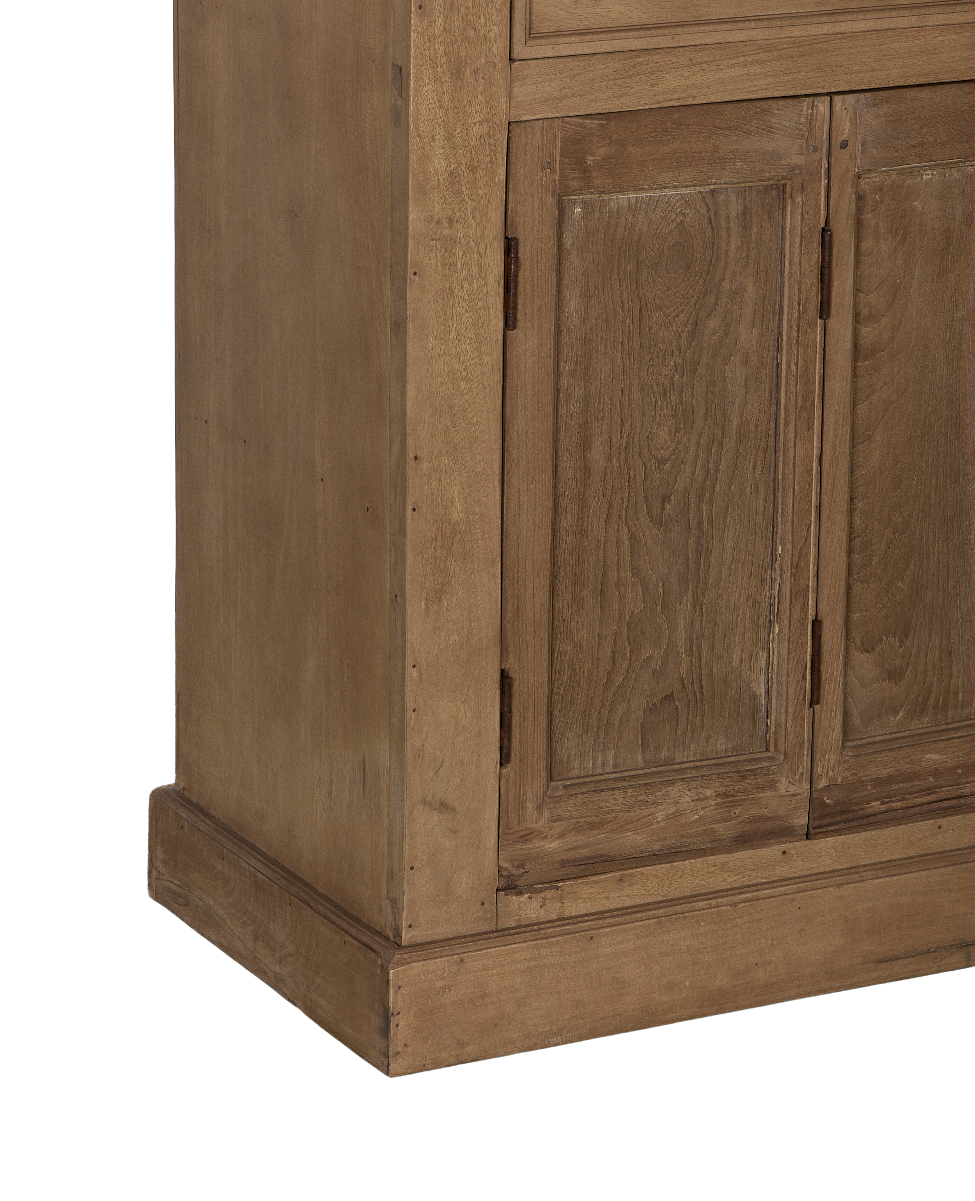 Vintage bleached oak cabinet from India, showing rustic details of doors and base.