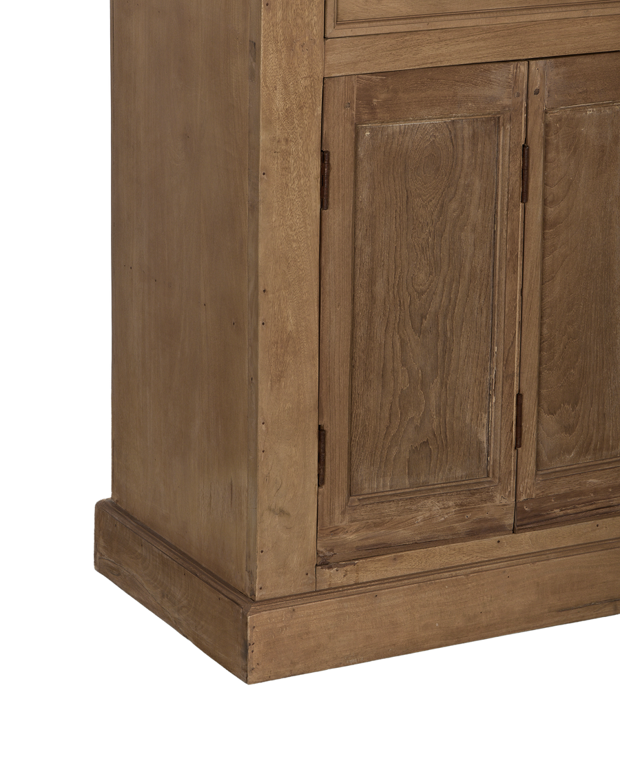 Vintage bleached oak cabinet from India, showing rustic details of doors and base.