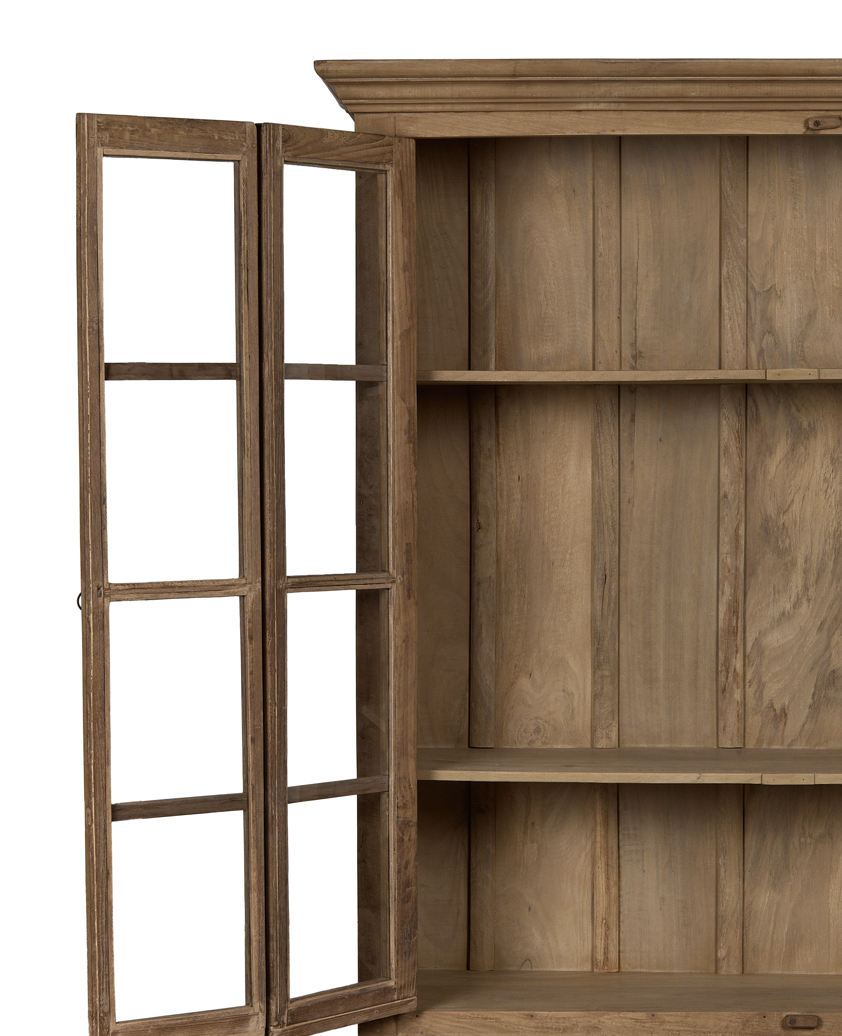 Vintage bleached oak cabinet interior and glass paned door detail from India.
