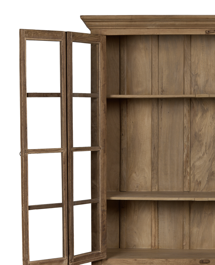 Vintage bleached oak cabinet interior and glass paned door detail from India.