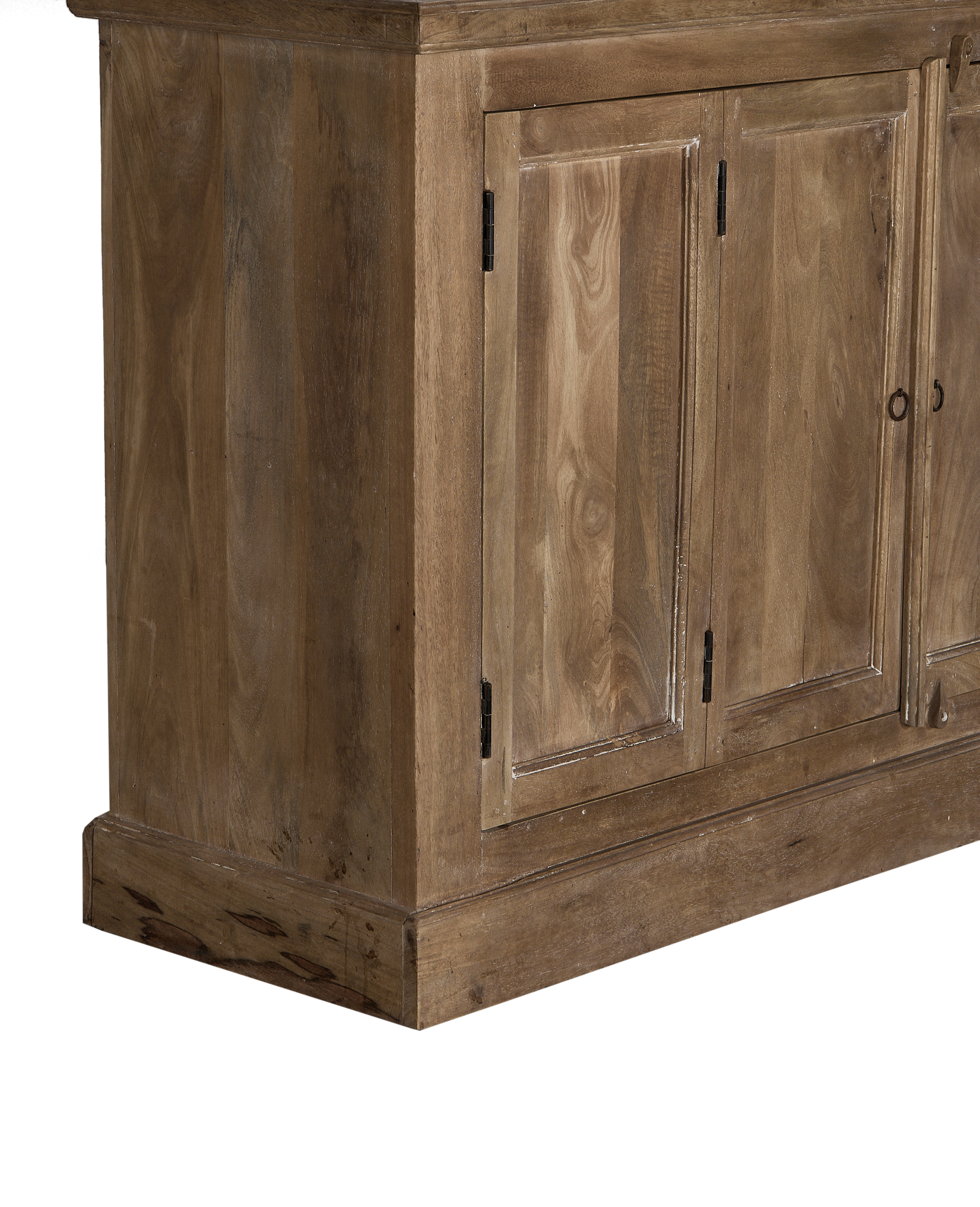 Vintage bleached oak cabinet from India, showing the right side and front doors.