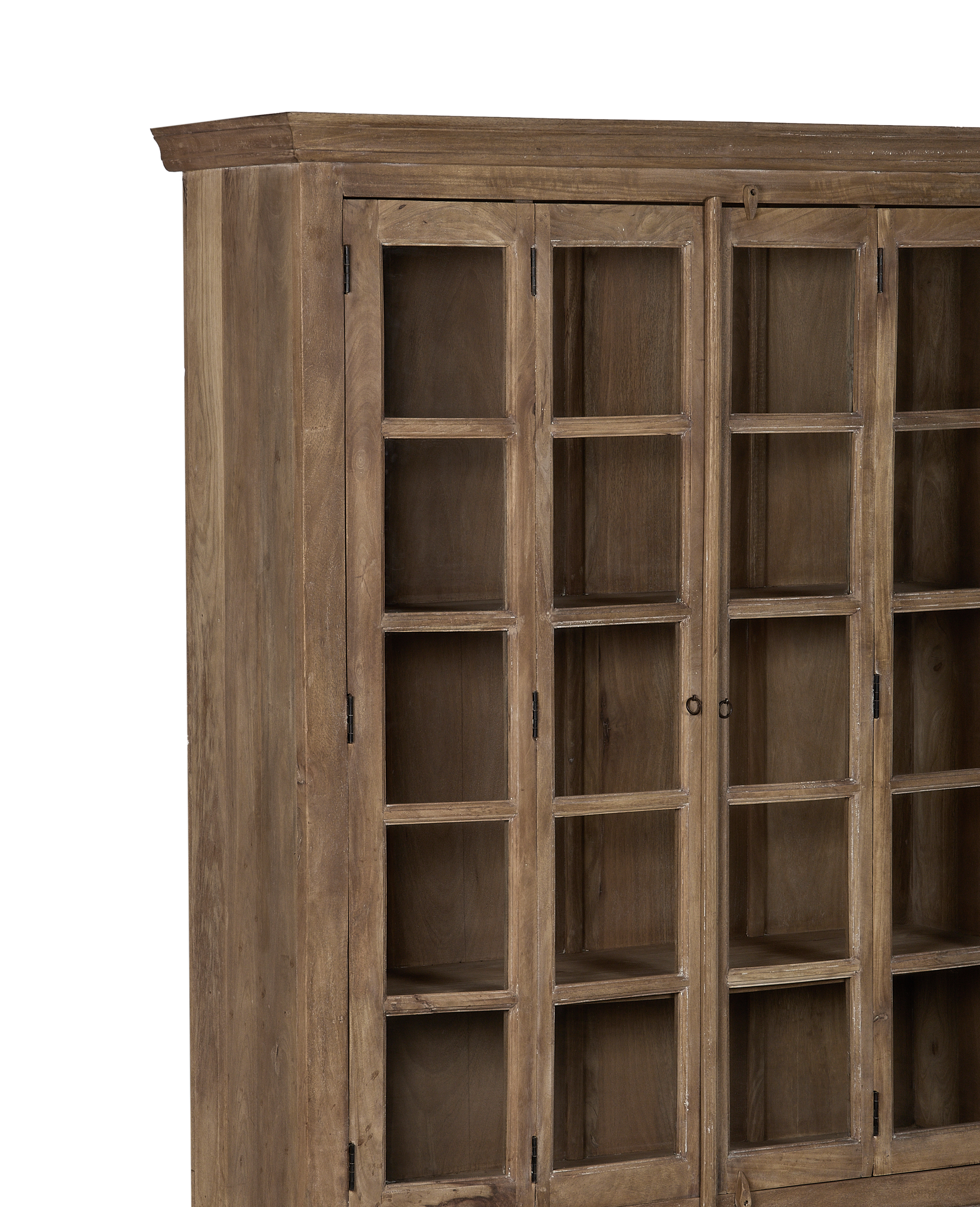 Vintage bleached oak cabinet from India, showing detailed glass pane doors and shelves.