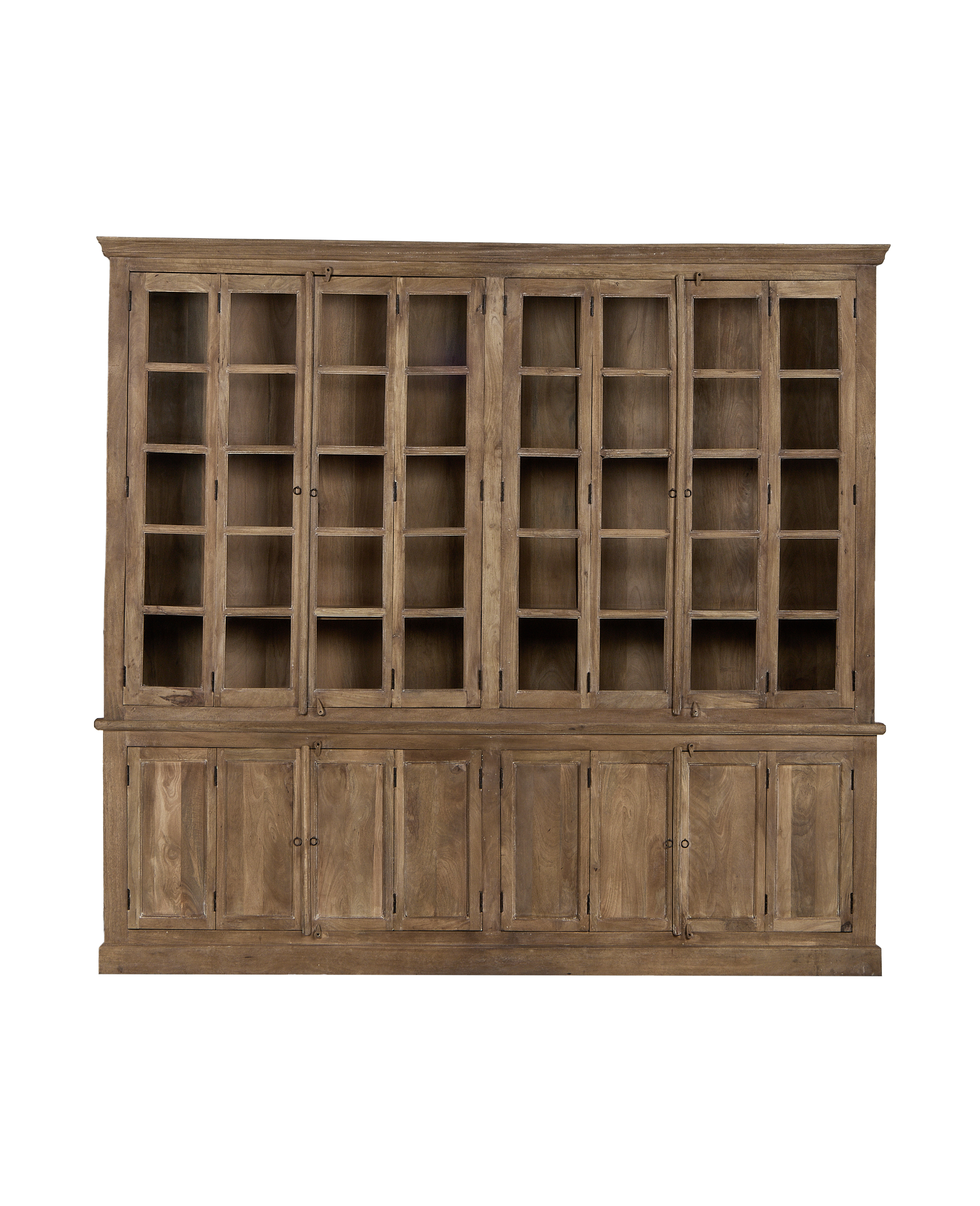 Full-length vintage bleached oak display cabinet from India with glass and wood doors.