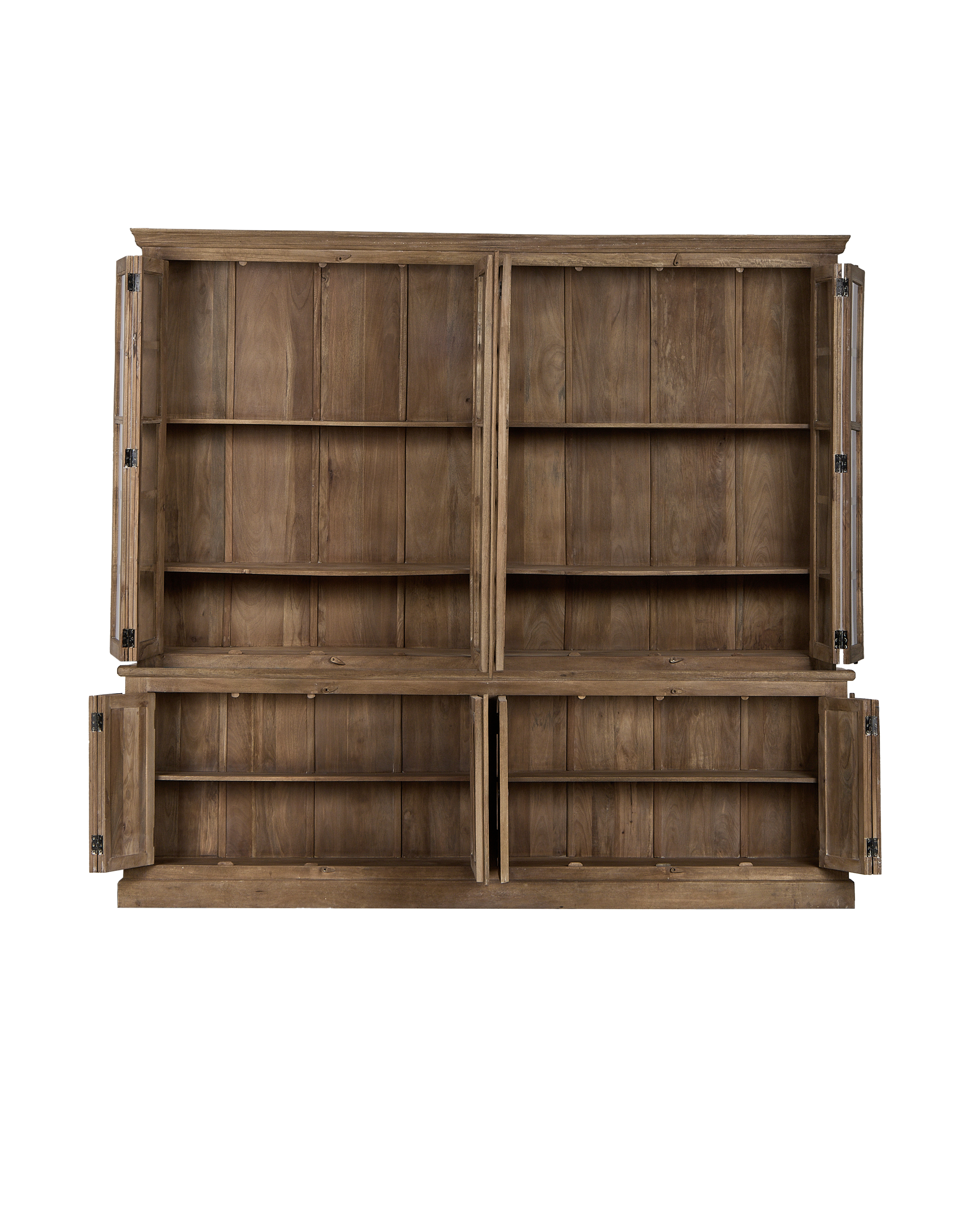Vintage bleached oak cabinet from India, showing open doors revealing interior shelves.