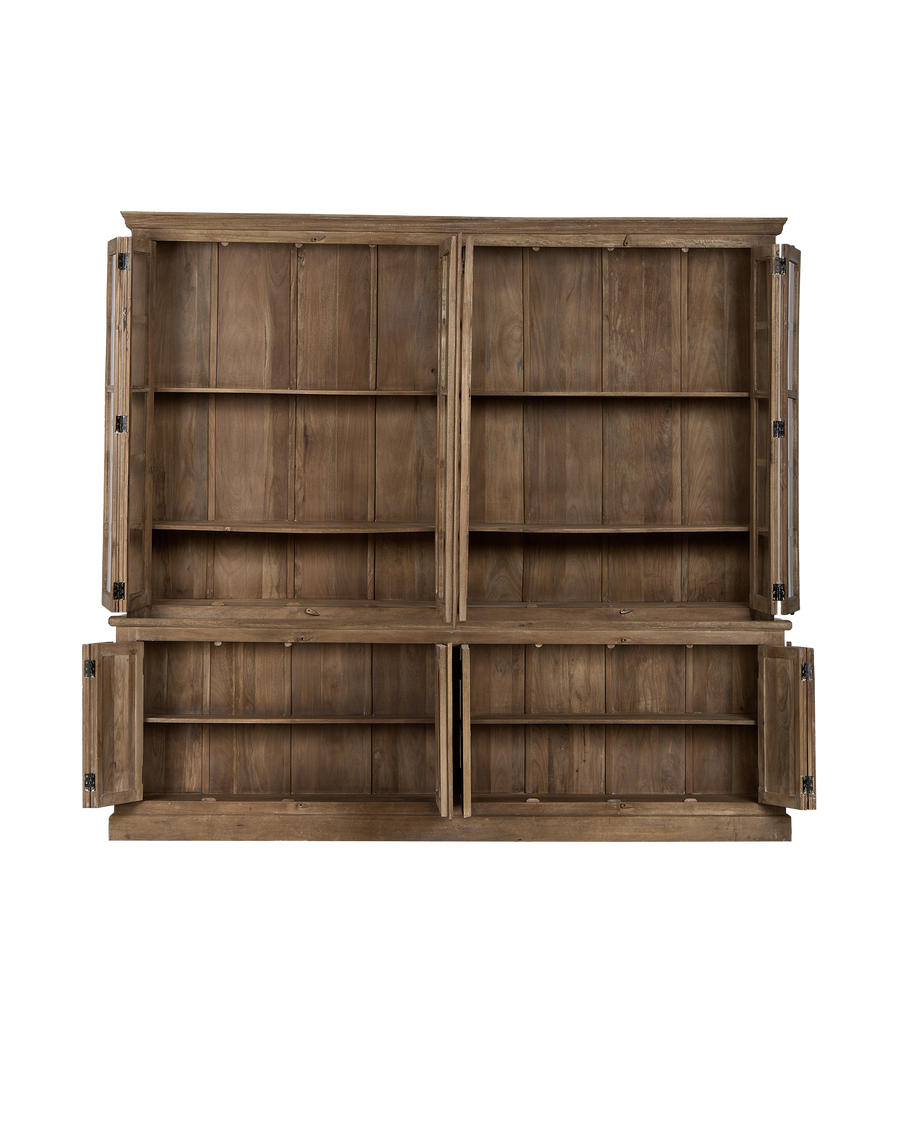 Vintage bleached oak cabinet from India, showing open doors revealing interior shelves.