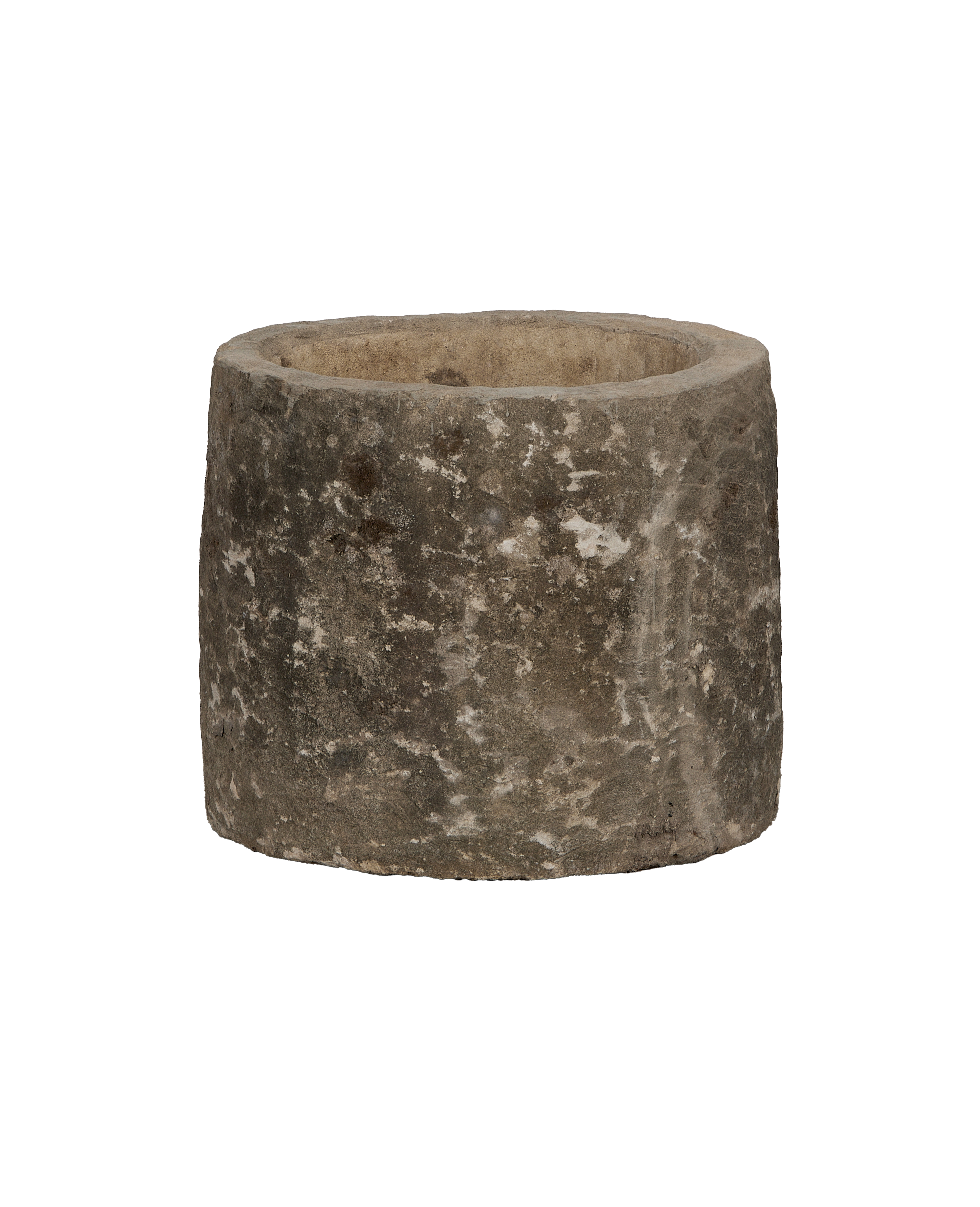 Vintage Indonesian limestone OAK round trough, showcasing rustic distressed texture from the top down.