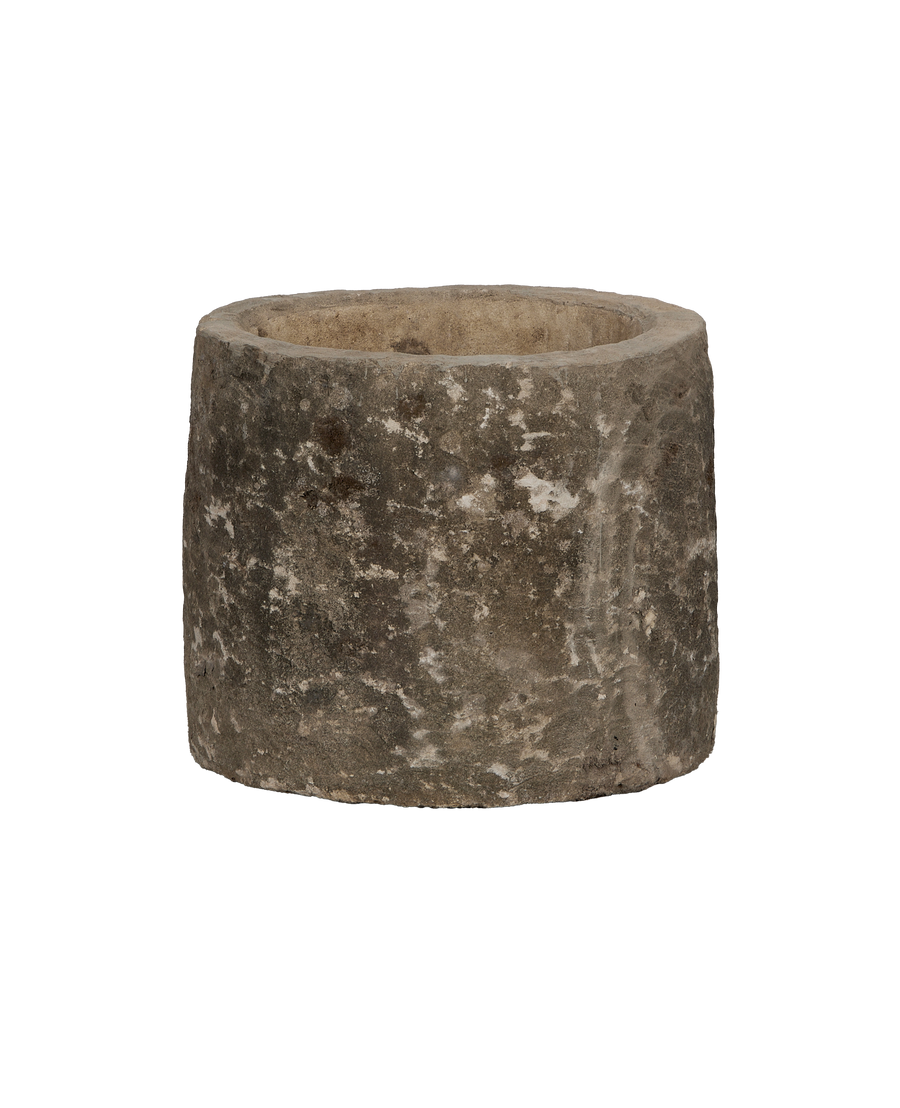 Vintage Indonesian limestone OAK round trough, showcasing rustic distressed texture from the top down.