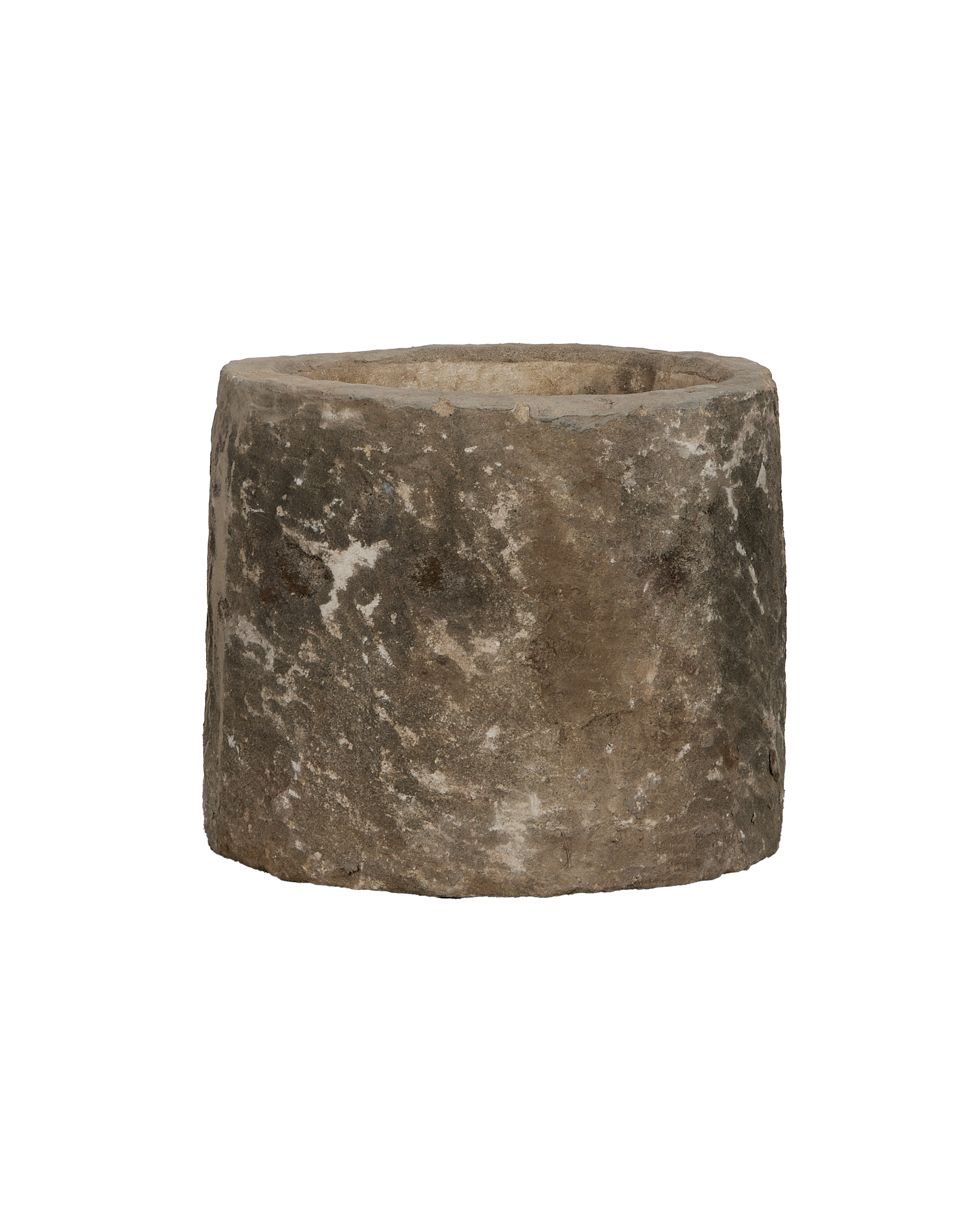 Vintage round limestone trough from Indonesia with a naturally weathered, rustic texture.