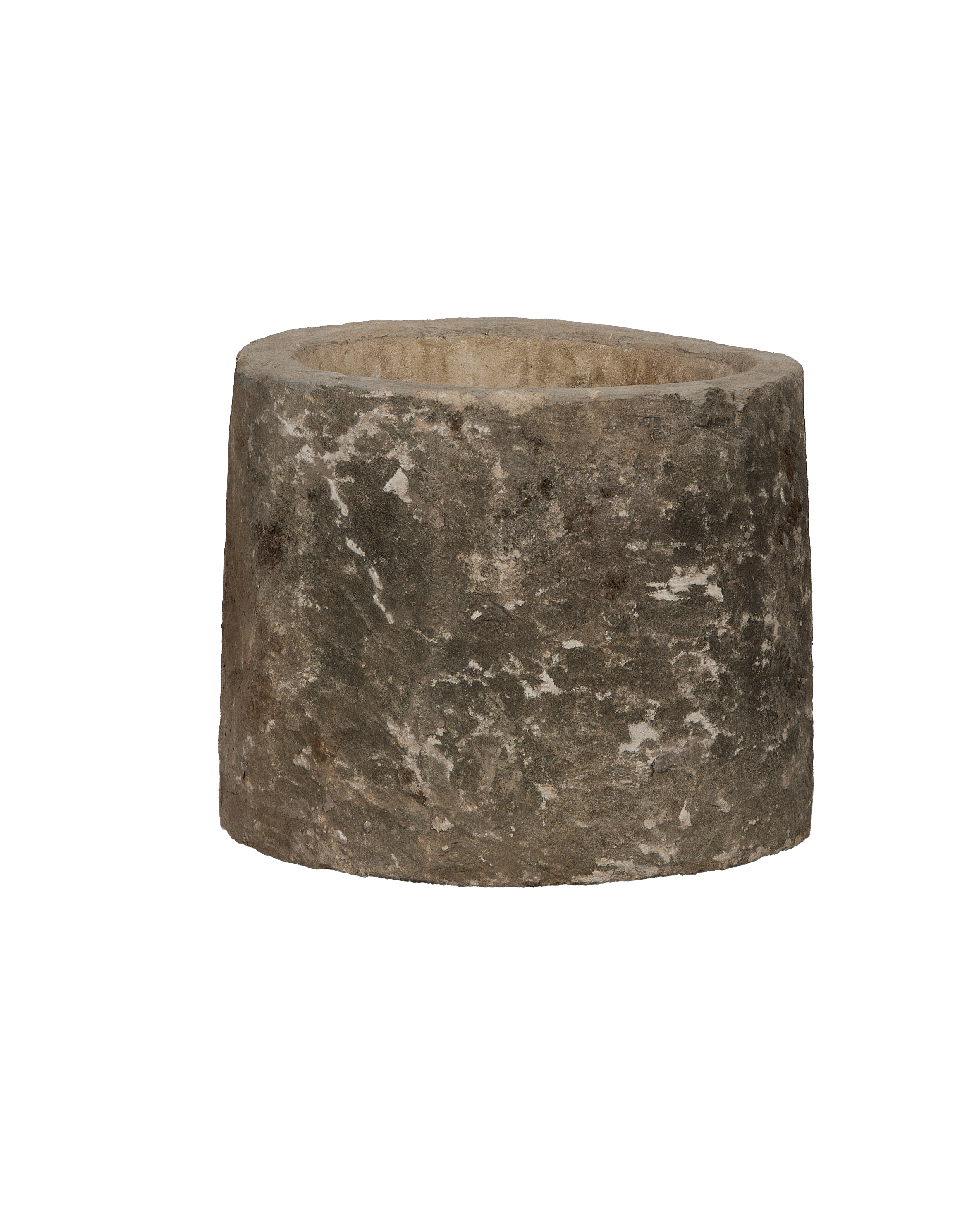 Vintage Indonesian round limestone trough, showing weathered side texture and interior lip.