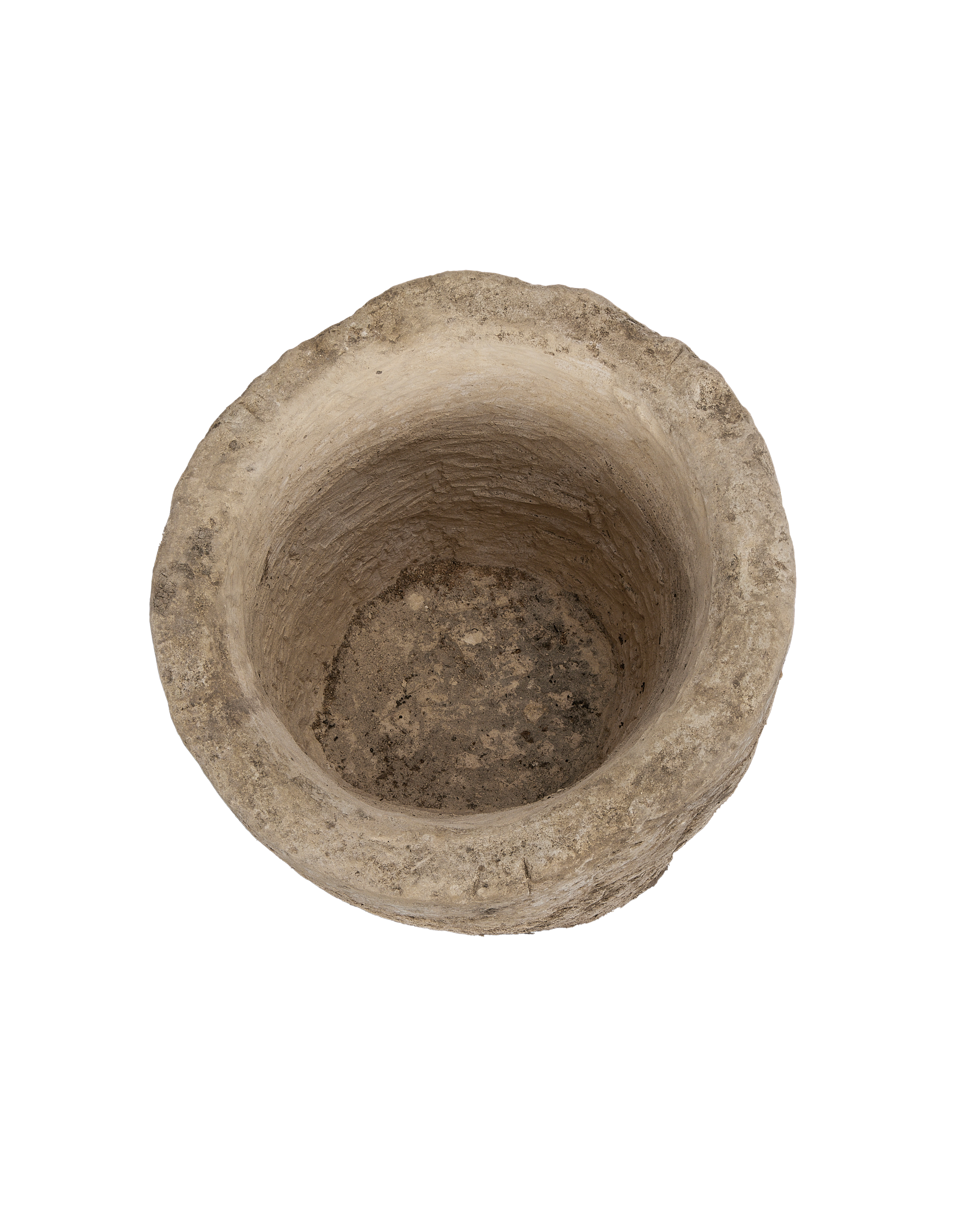 Vintage Indonesian limestone round trough from above, showing rugged interior texture and aged condition.