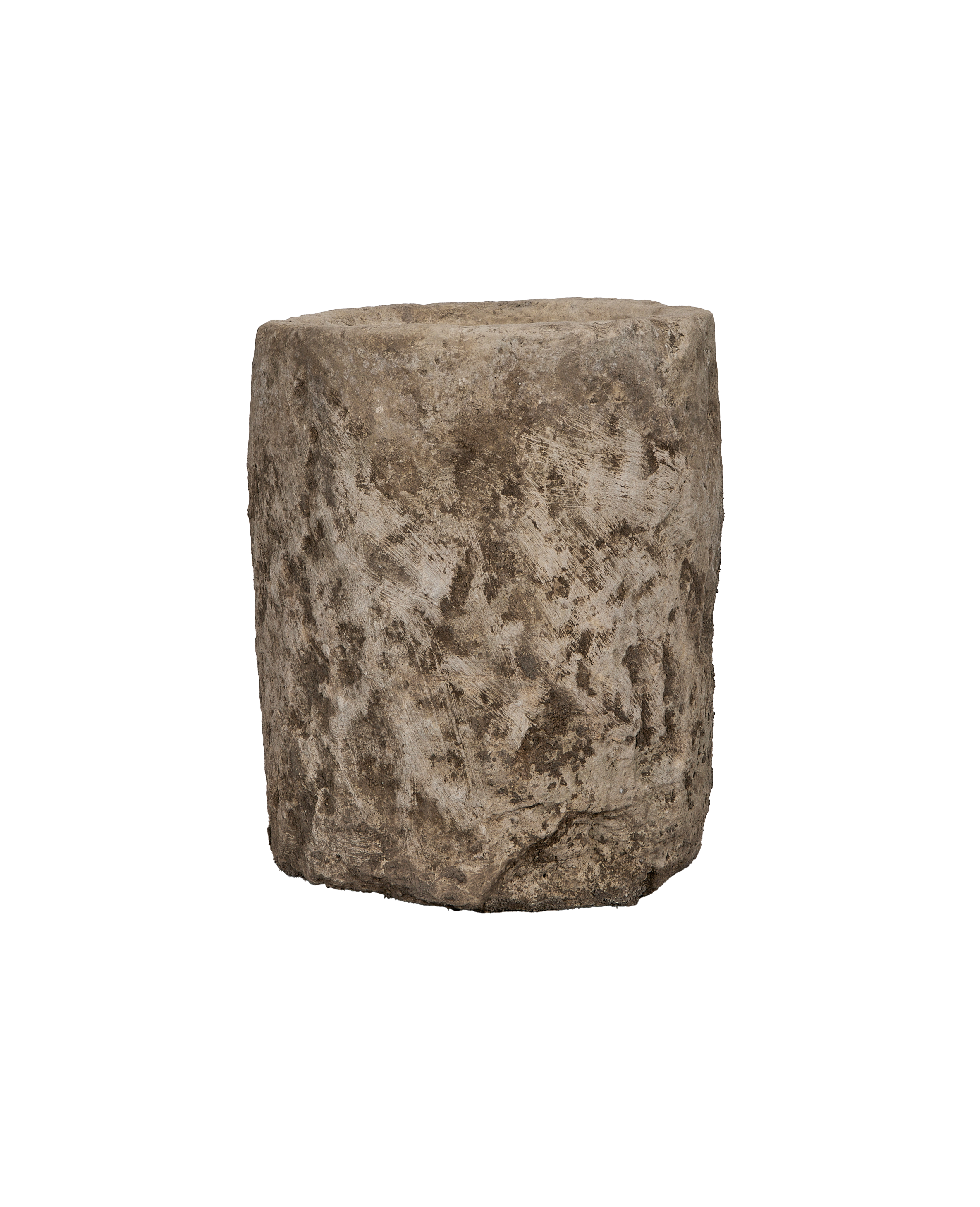Round vintage Indonesian limestone trough with weathered natural surface texture.