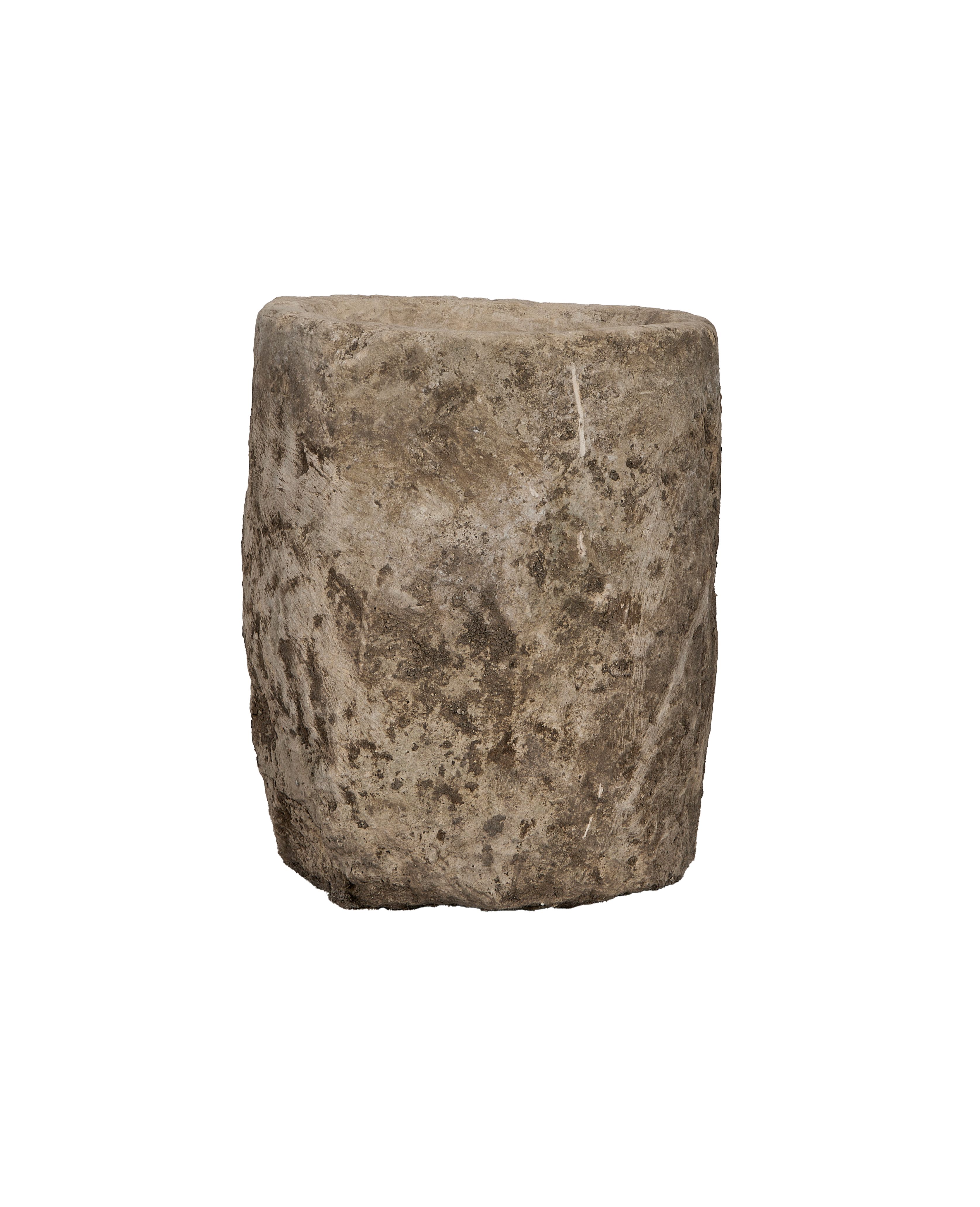 Vintage round limestone trough, rich Indonesian origins, showcasing its textured, weathered exterior condition.