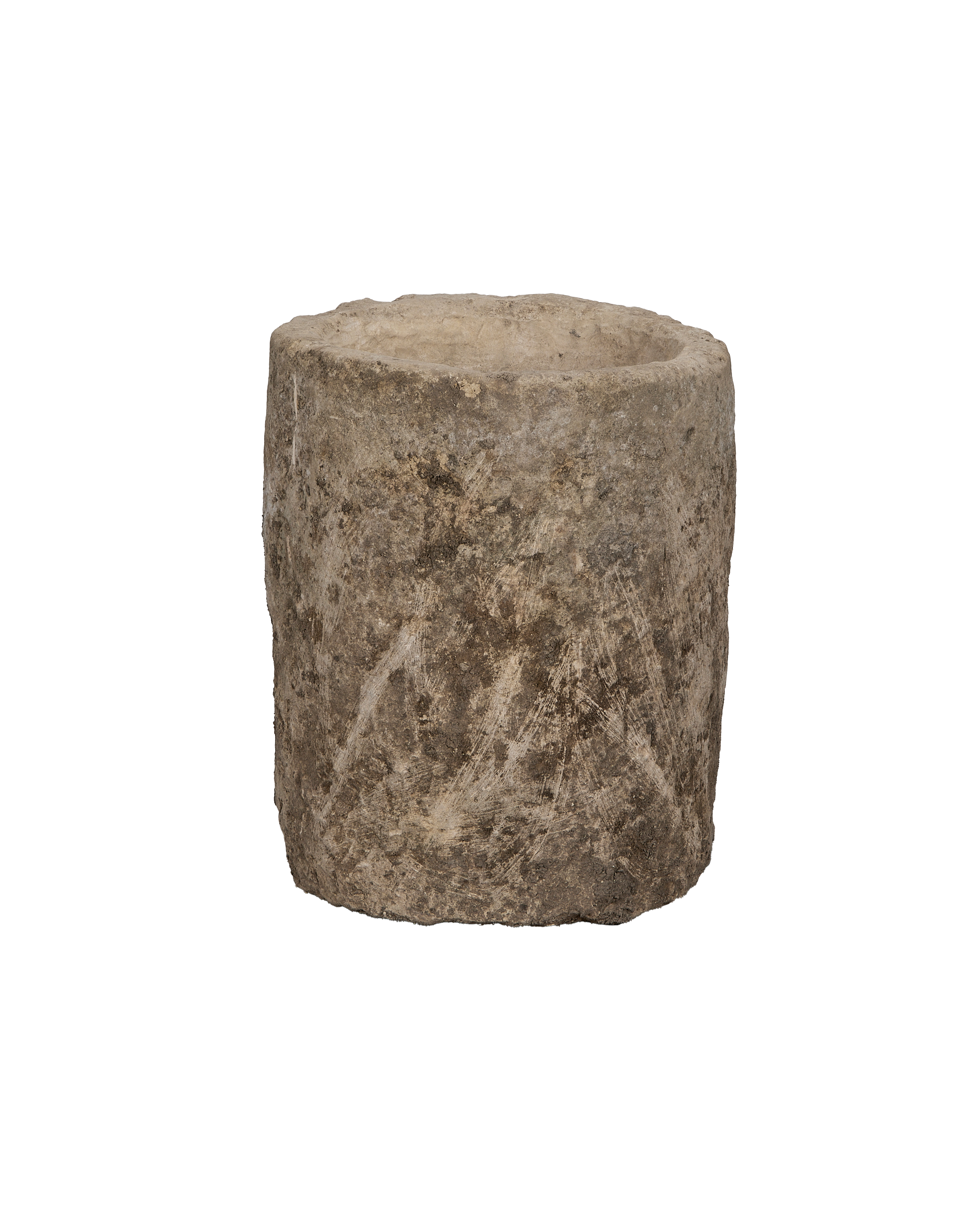 Vintage Indonesian round limestone trough, rich textured surface, and visible tool marks.