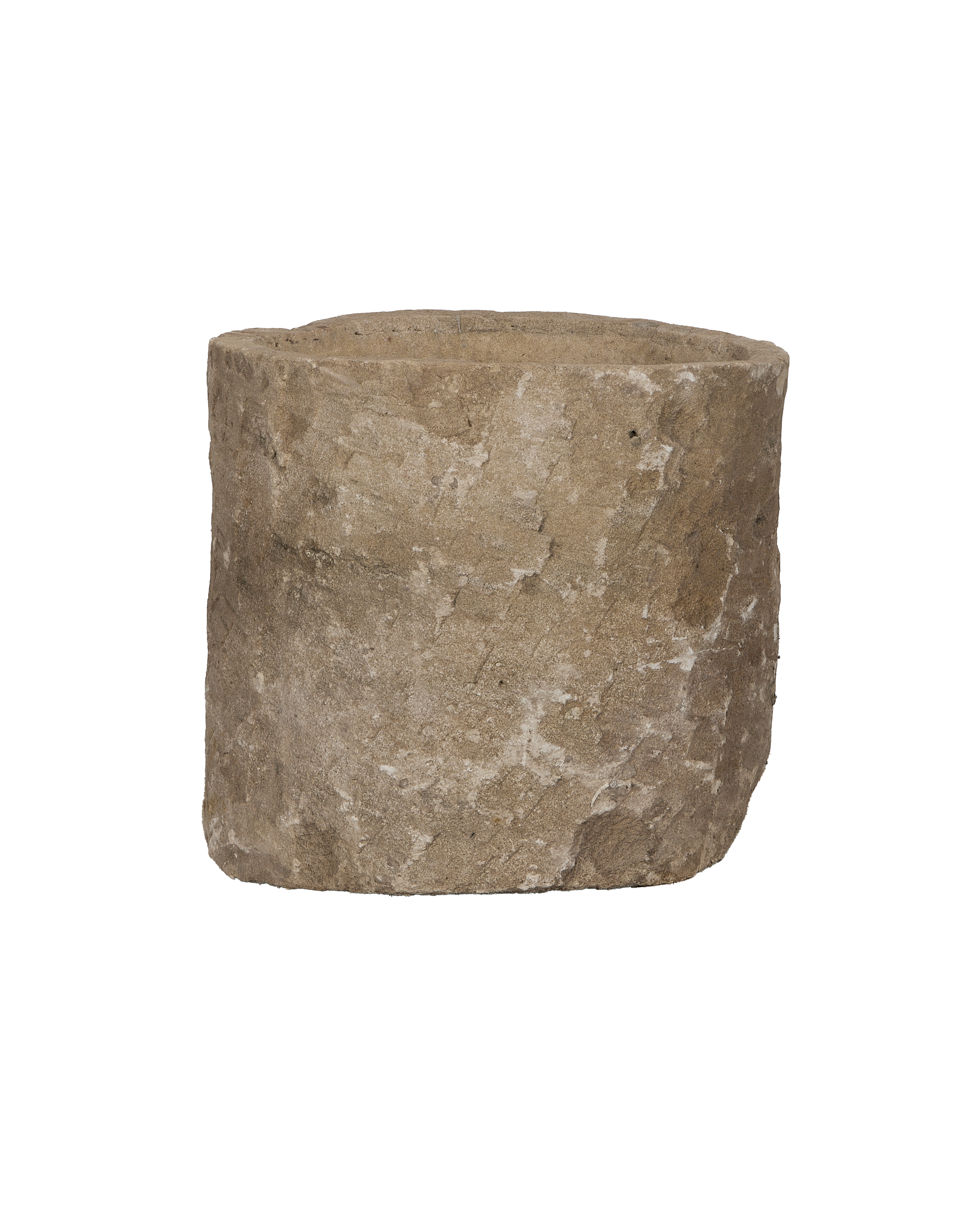 Vintage round Indonesian limestone trough, OAK finish, rugged texture, weathered imperfections.