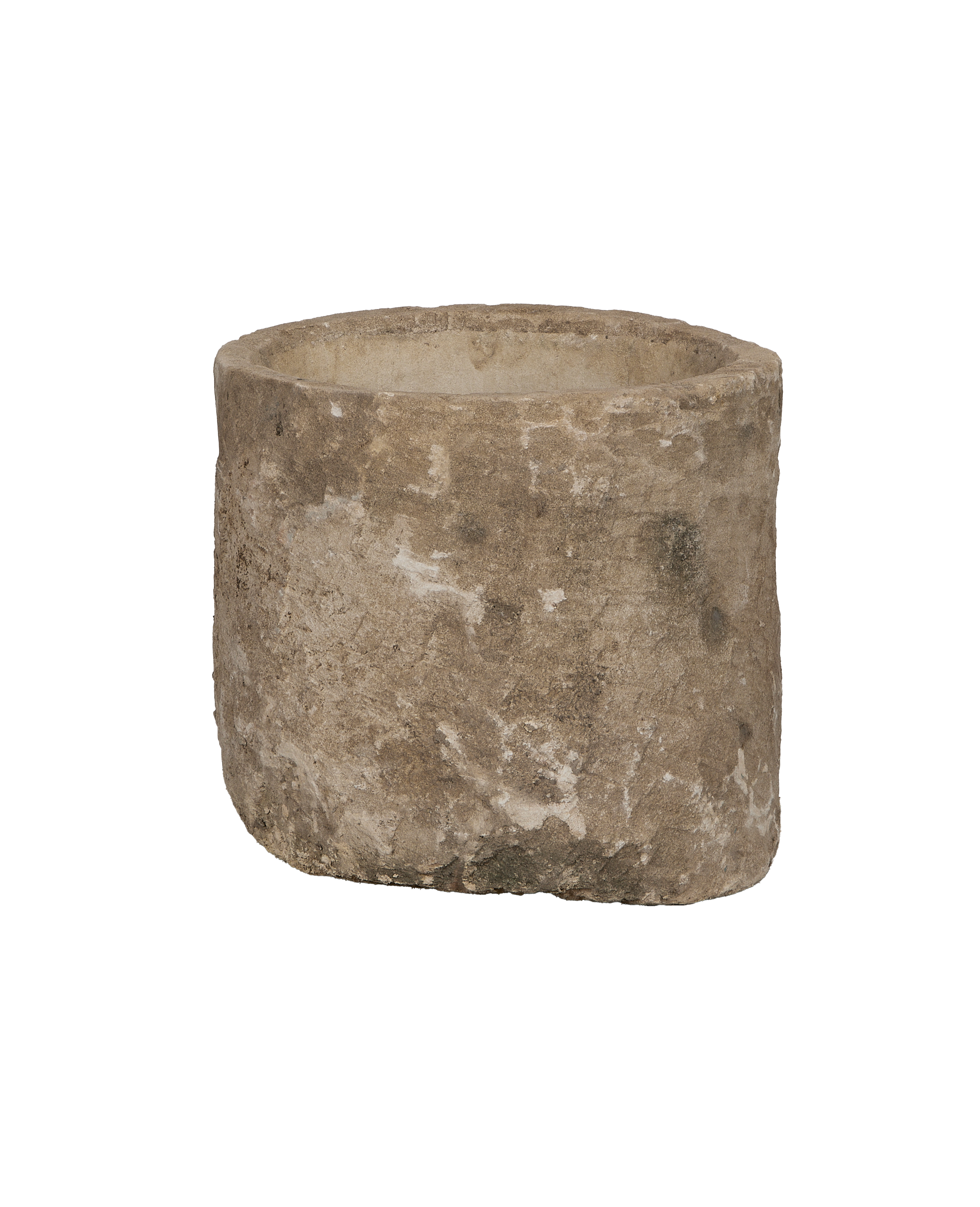 Vintage round Indonesian limestone trough, showing rough exterior texture and inner basin.