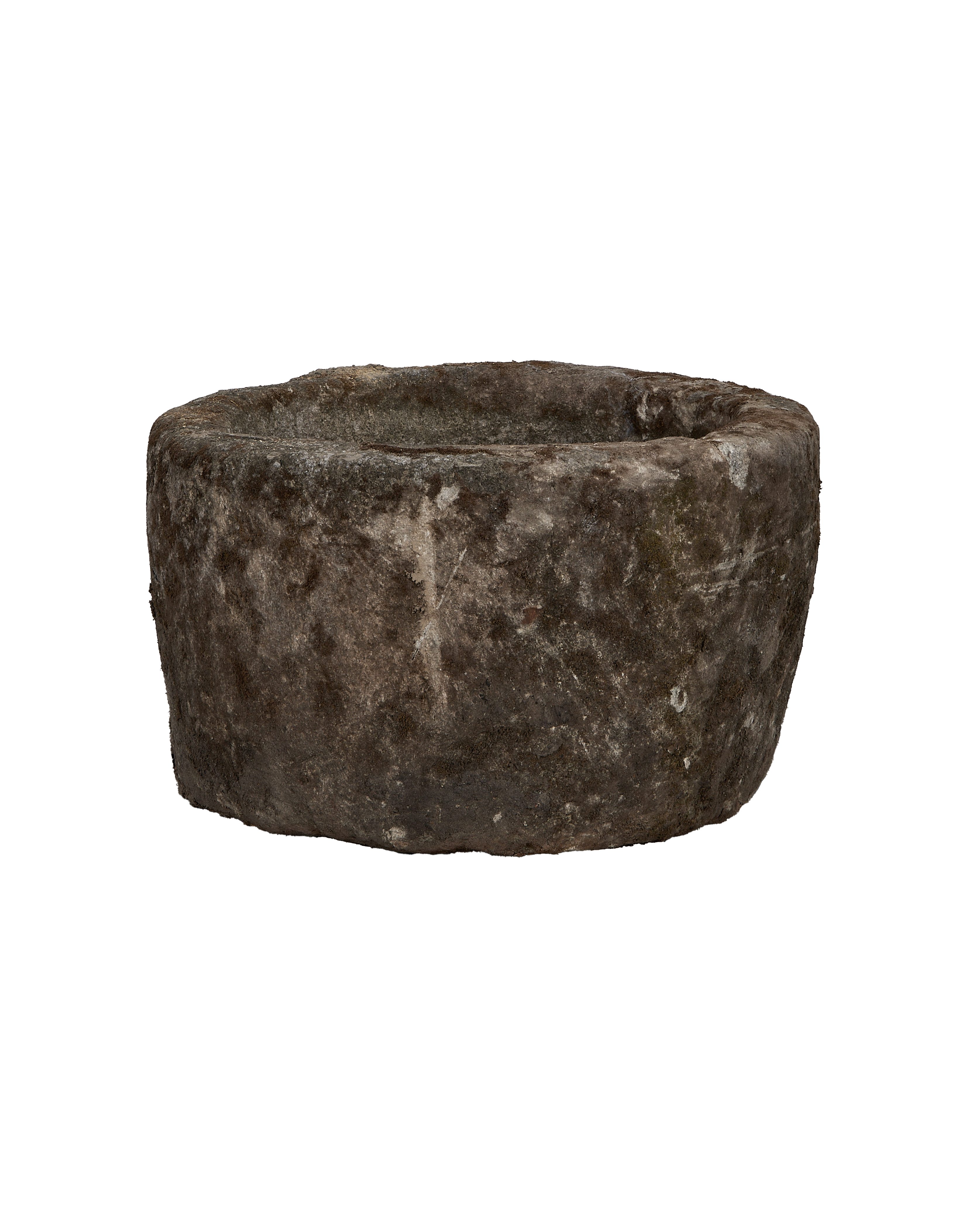 Vintage round Indonesia limestone trough, OAK finish, with weathered texture.