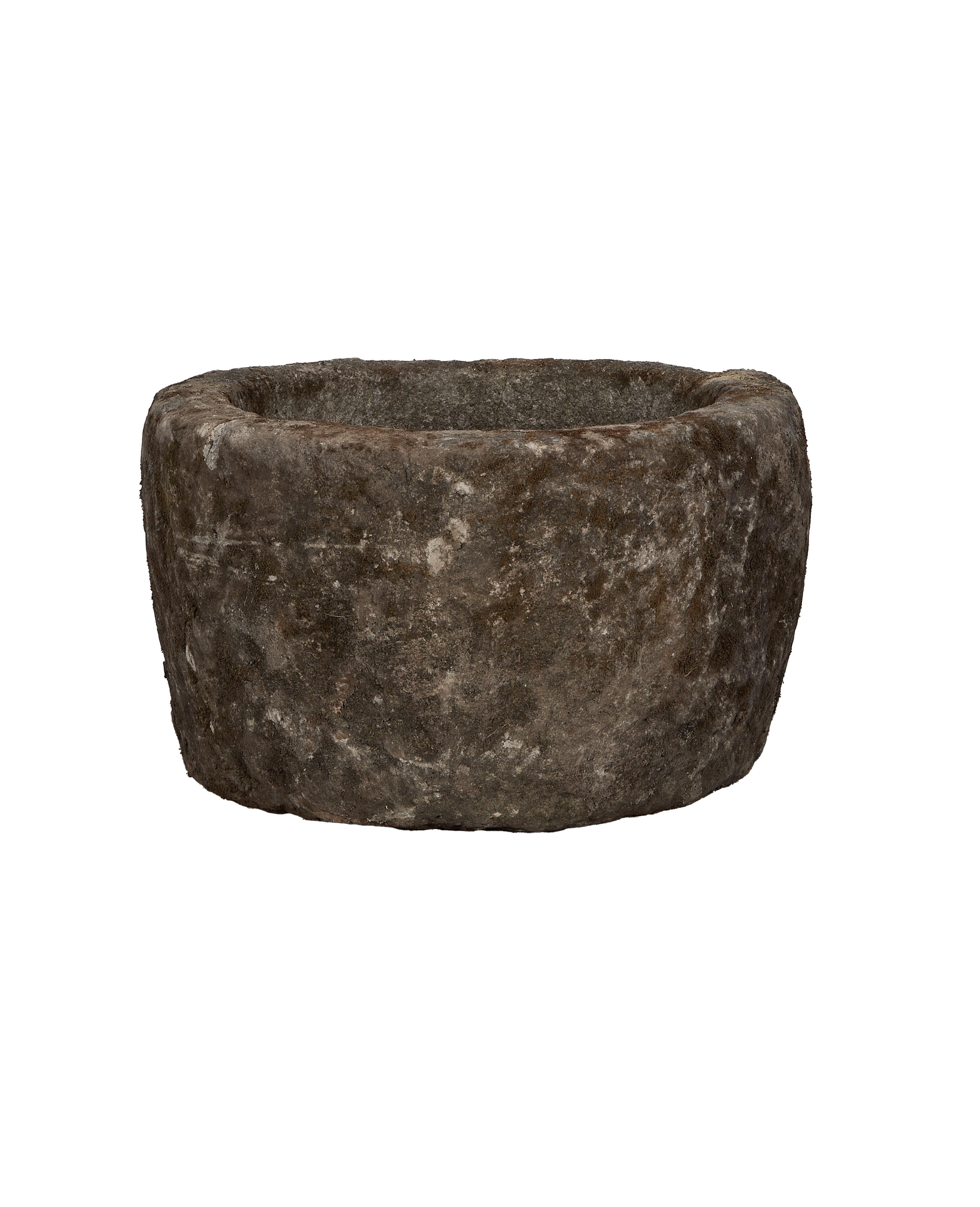 Vintage round limestone trough from Indonesia with textured, weathered surface showing its age.