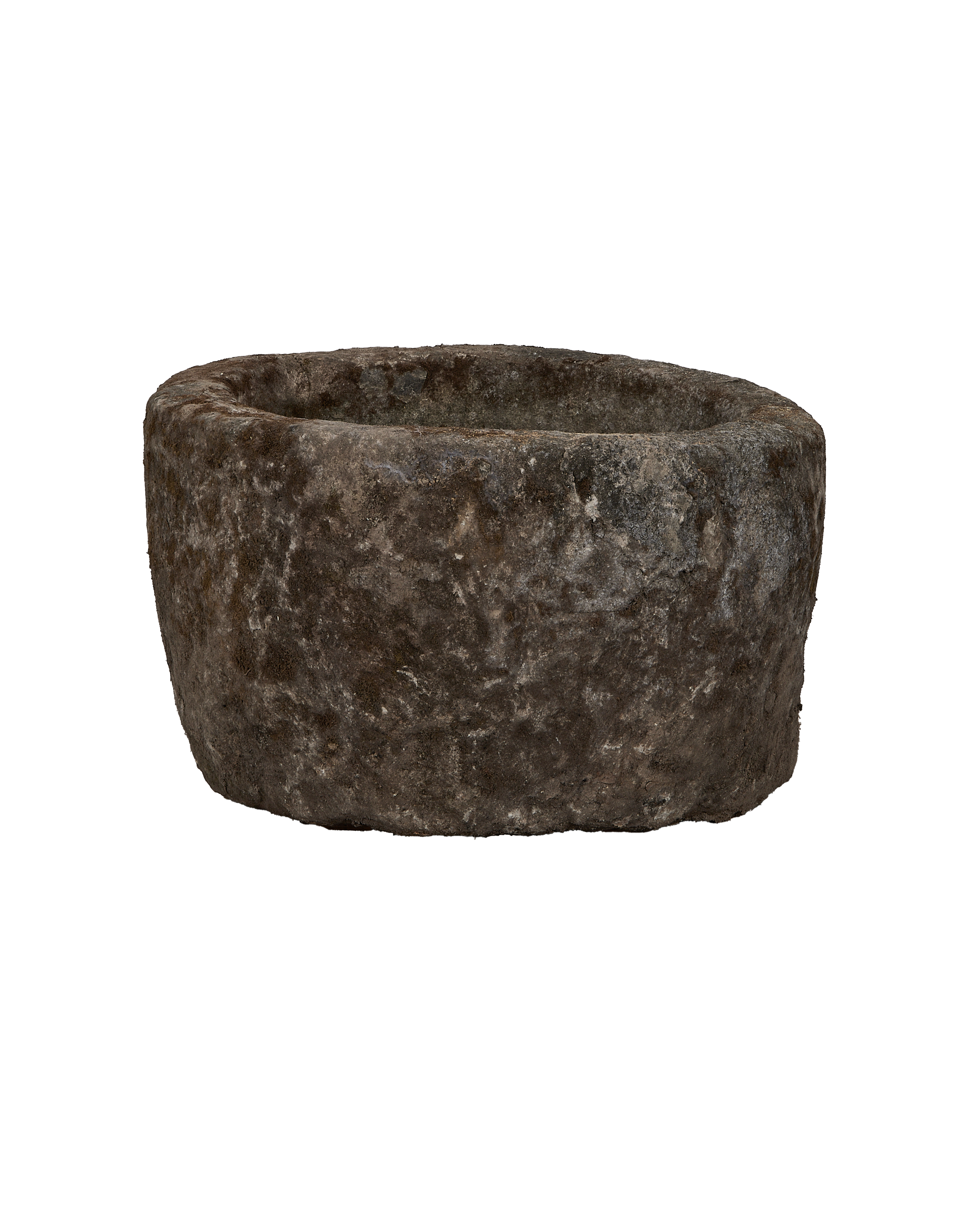 Vintage round limestone trough, rich textured surface, weathered grey patina, front-facing view.